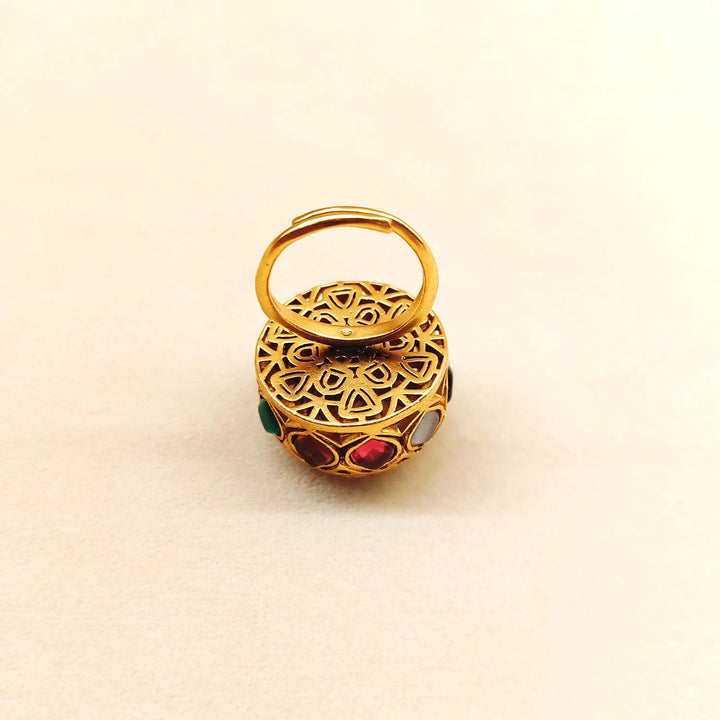 Traditional Heena Multi Colour Gold Plated Kundan Ring with Adjustable Band