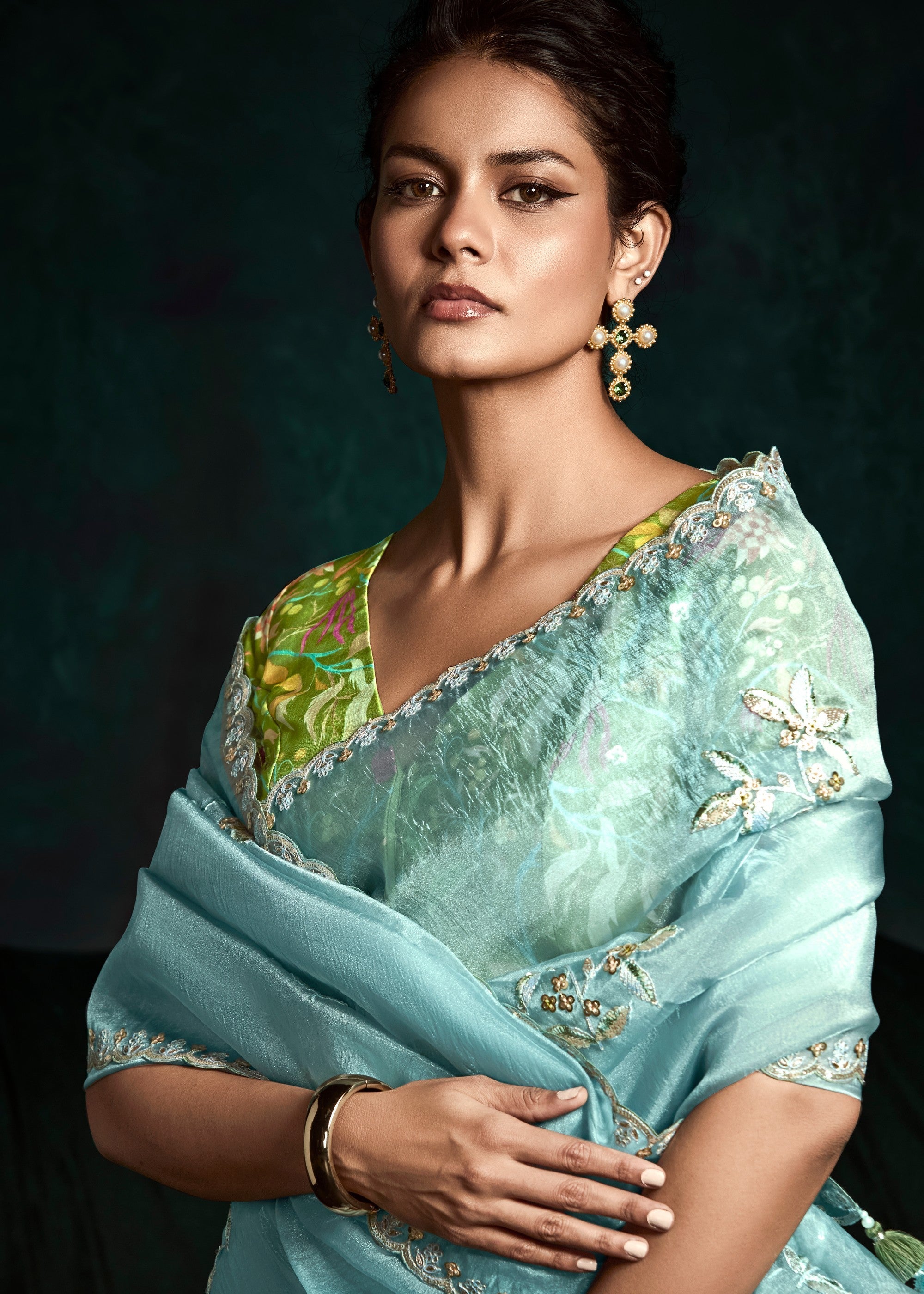 Aqua Blue Fancy Fabric Silk Saree With Sequins And Thread Embroidered Butti Work - qivii