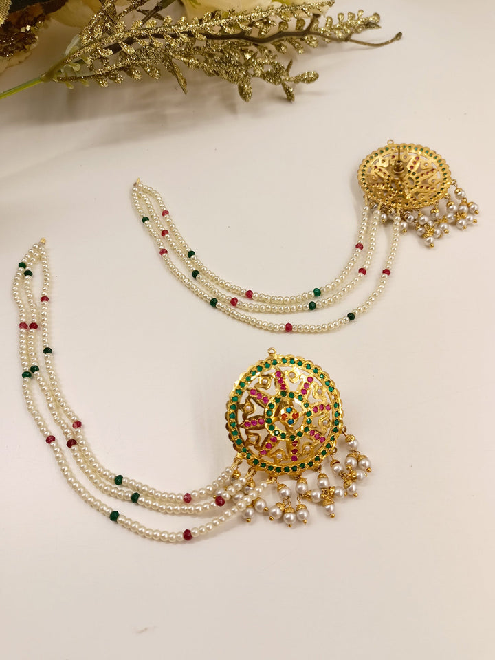 Triguni Multi Colour Jadau Earrings With Side Chain