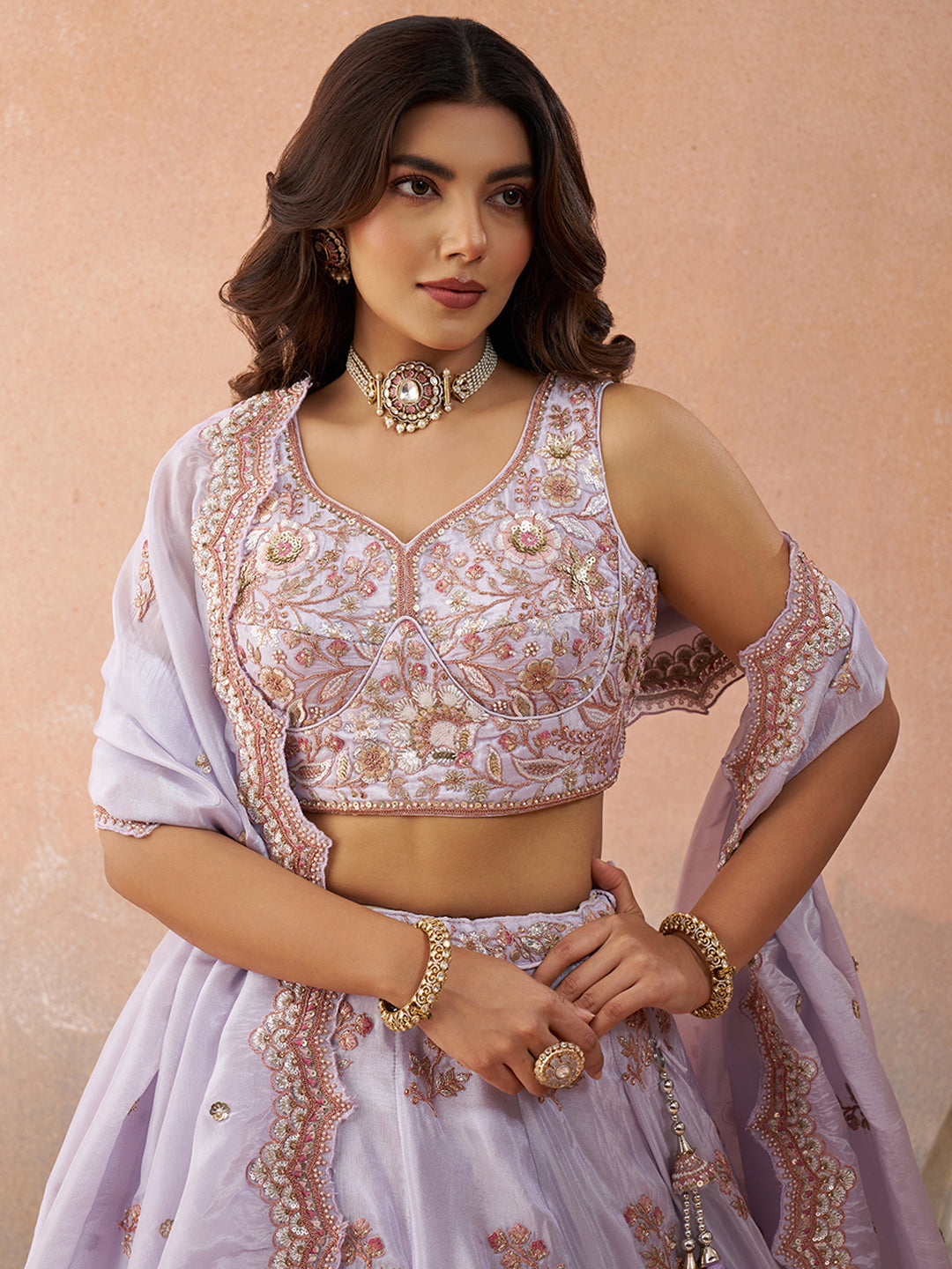 Lavender Tissue Sequins Embroidered Lehenga set