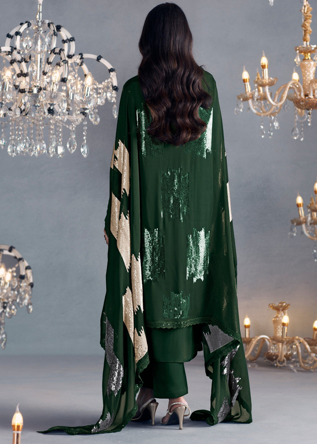 Green Hazel Russian Silk Sequins Salwar Suit