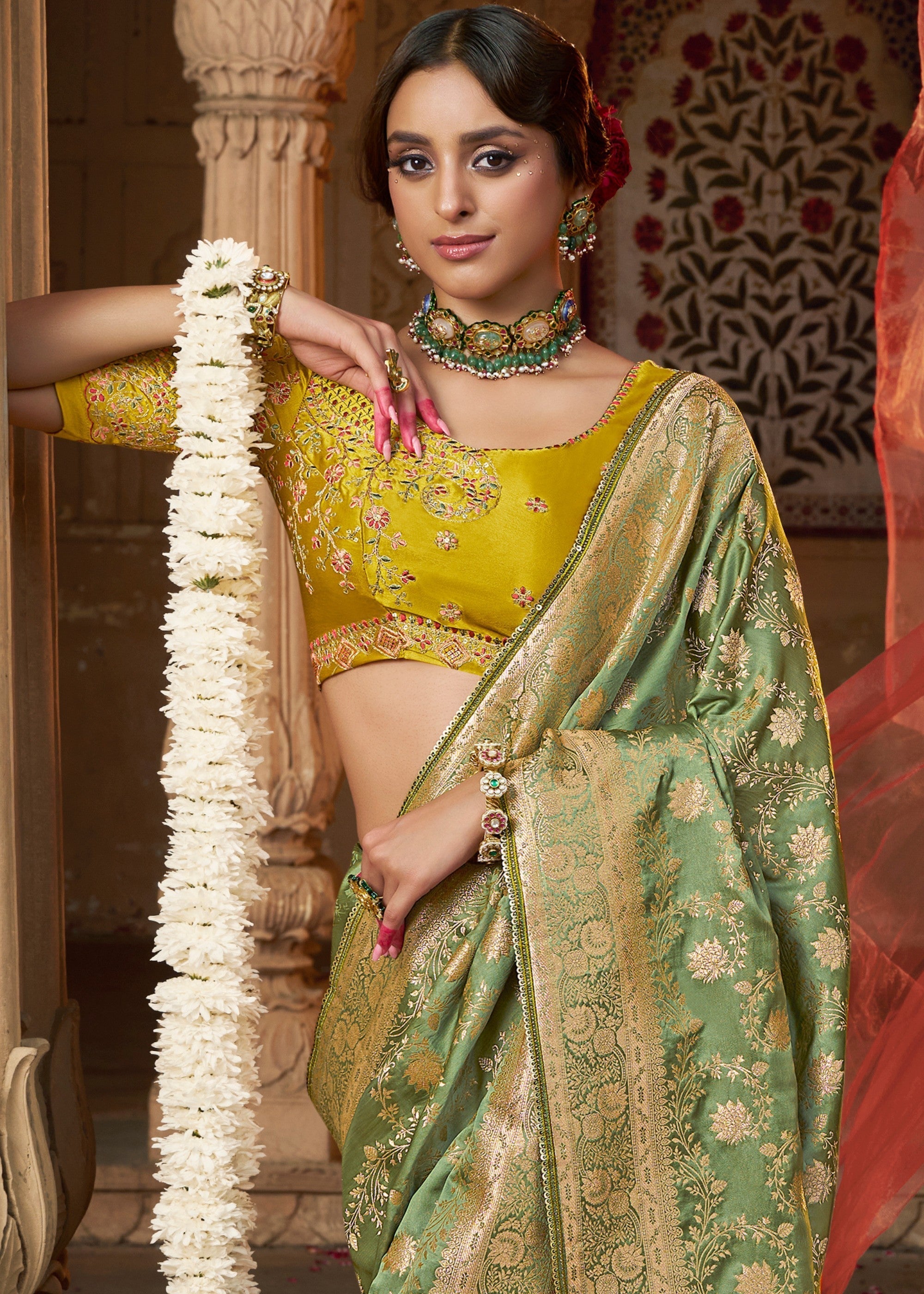 Paris Green Satin Silk Saree With Beautiful Lace Border And Heavy Designer Embroidered Blouse - qivii