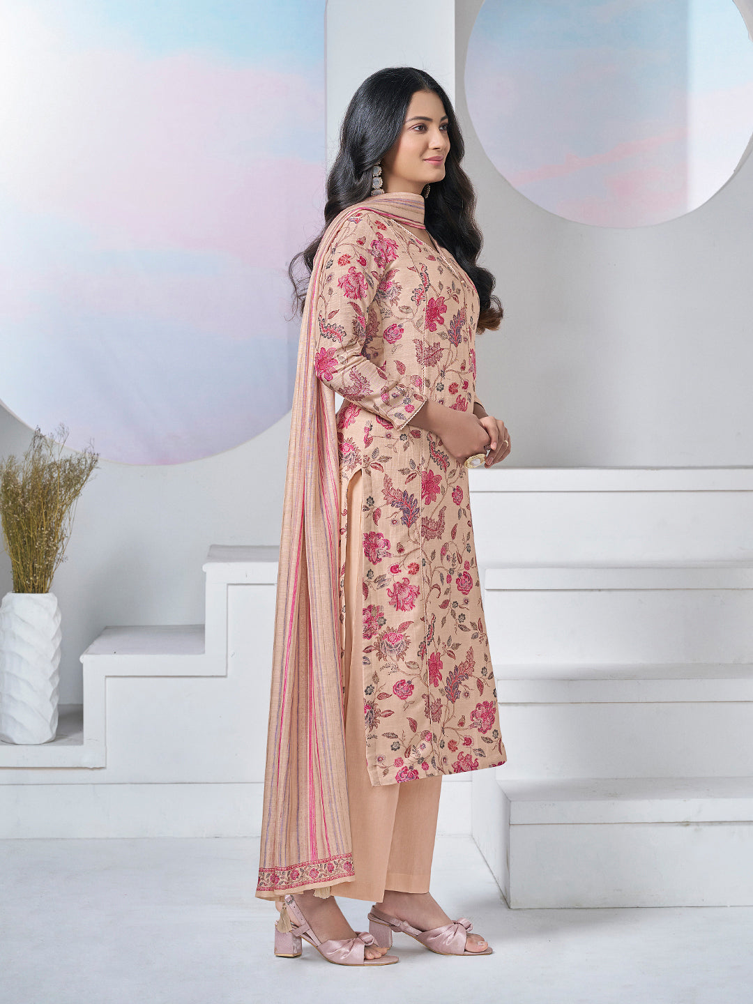 BEIGE PRINTED WITH LACE WORK STRAIGHT KURTA WITH DYED TROUSERS AND PRINTED DUPATTA