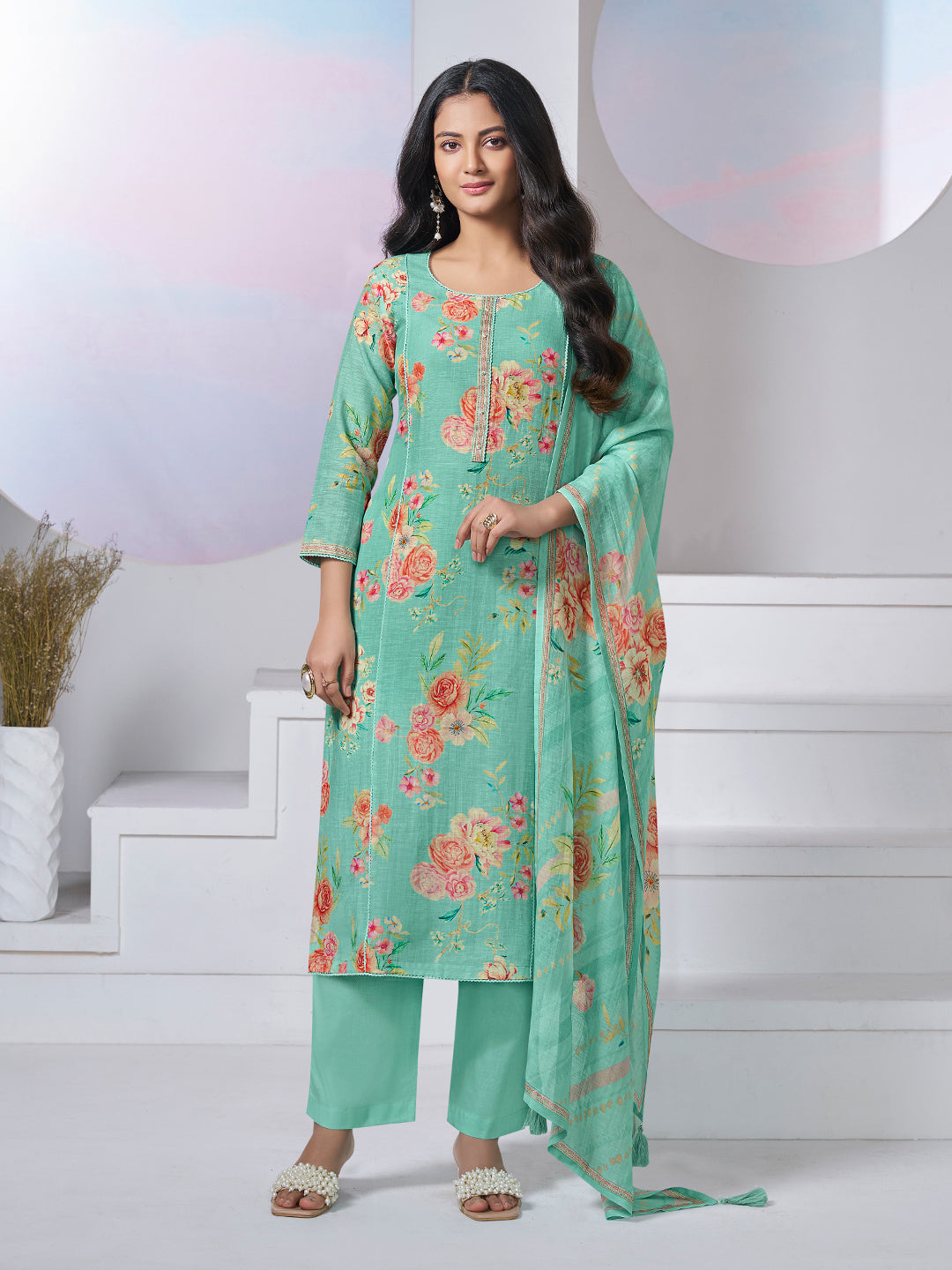 TURQUOISE PRINTED WITH LACE WORK STRAIGHT KURTA WITH DYED TROUSERS AND PRINTED DUPATTA
