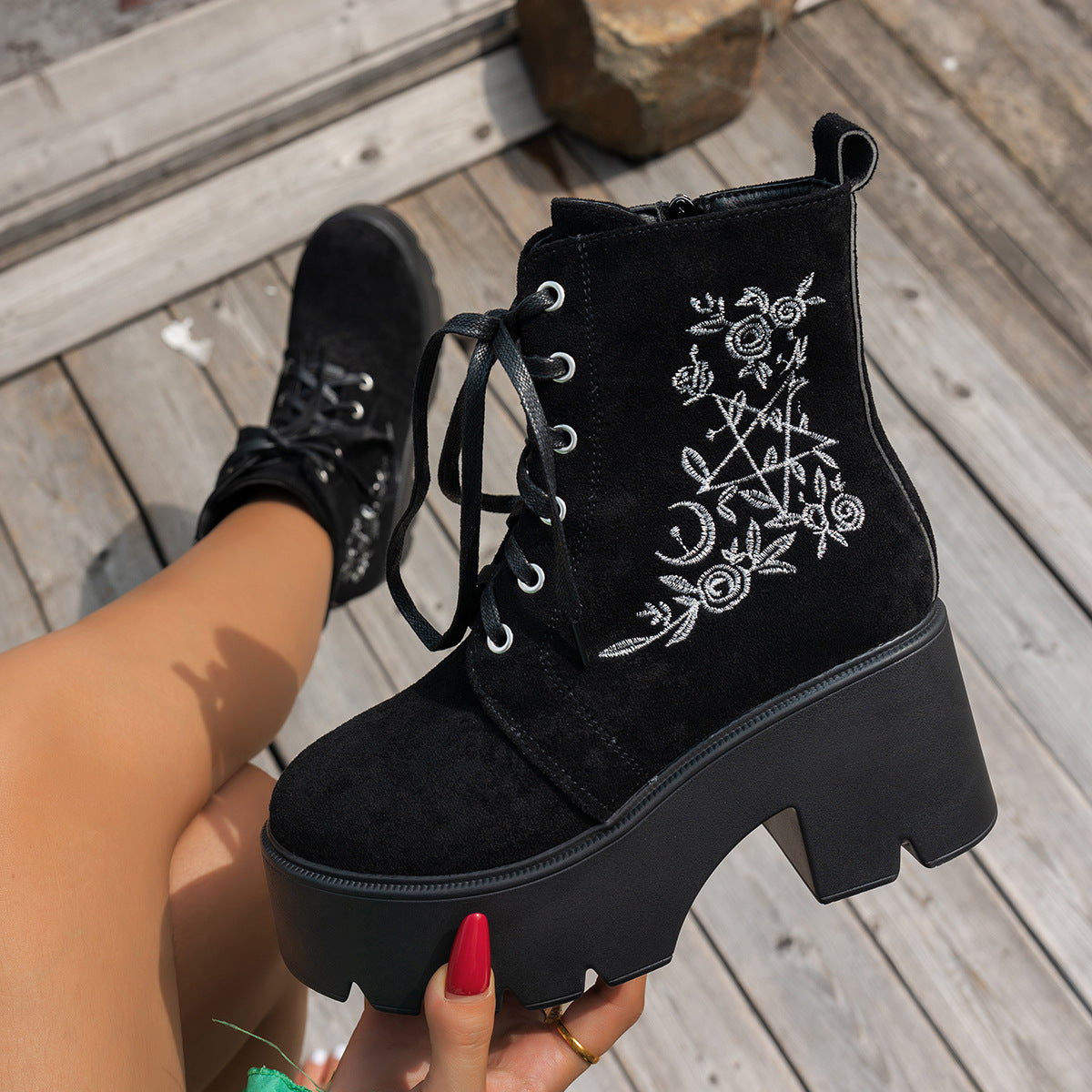 Women's Elfin Platform Ankle Boots - Embroidered Chunky Heel Fall Winter Short Boots (US 4-10)