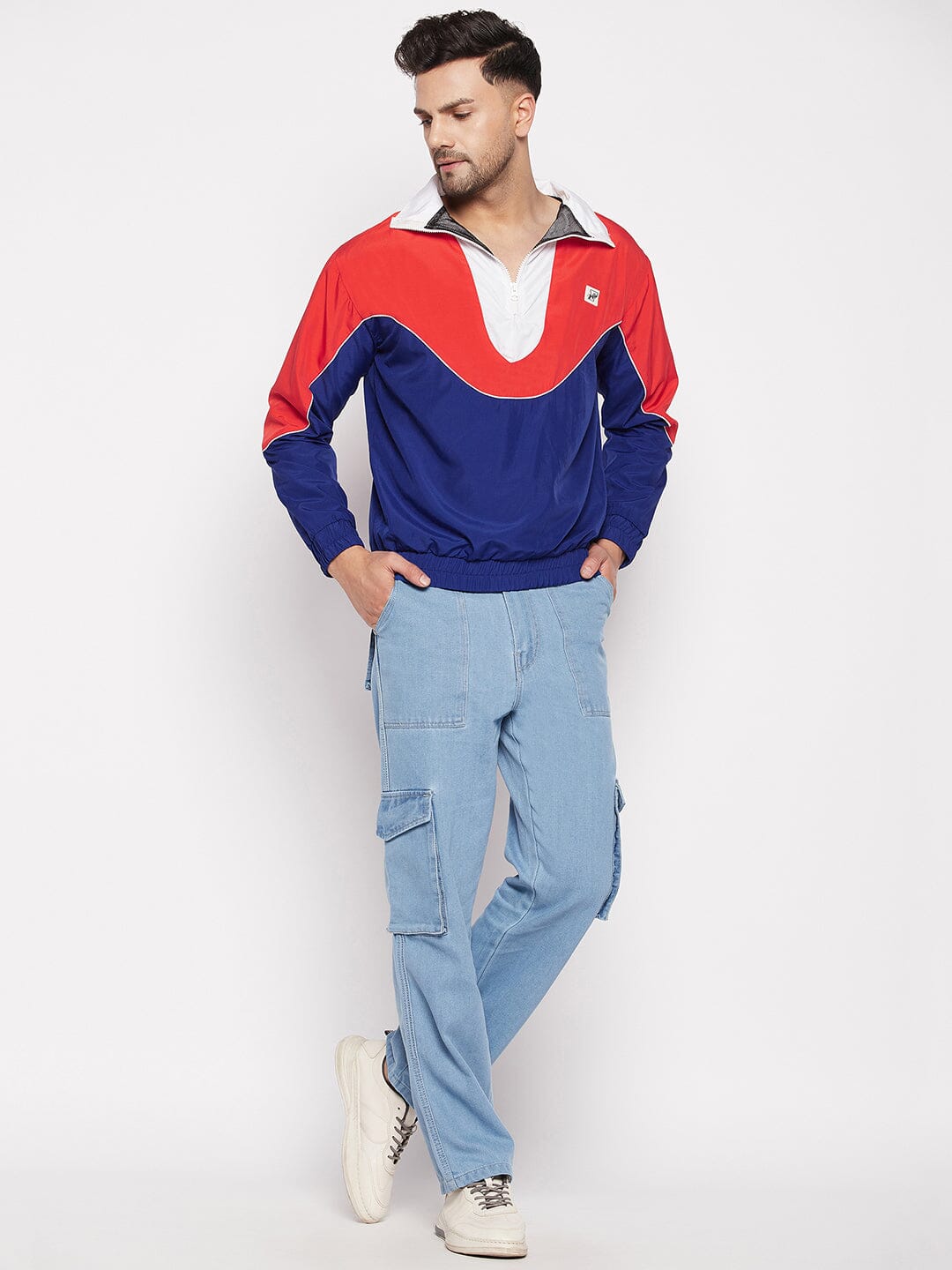 Blue Colour Blocked Windbreaker Jacket