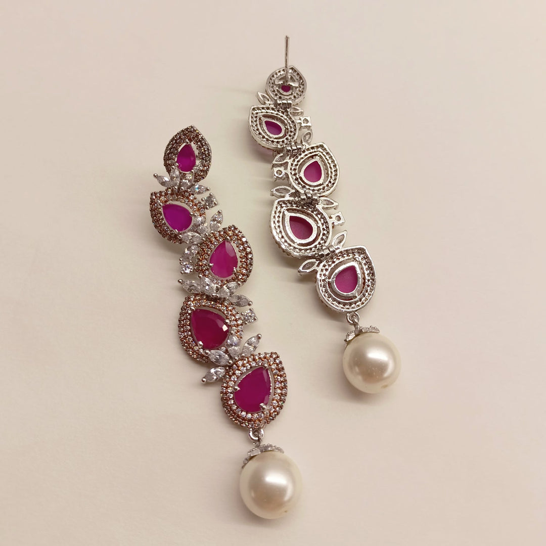 Pihu Ruby American Diamond Silver Plated Pearl Work Earrings