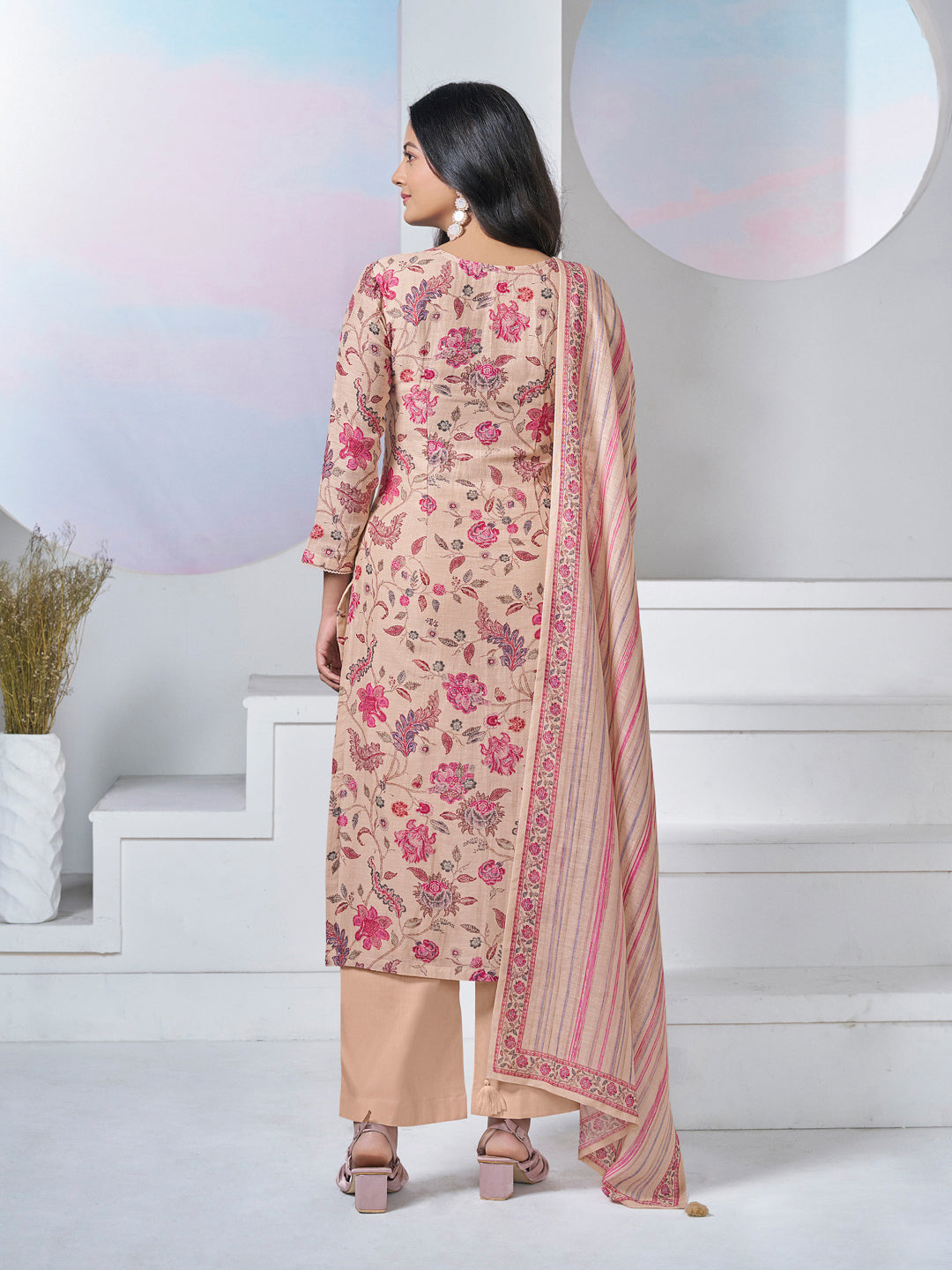 BEIGE PRINTED WITH LACE WORK STRAIGHT KURTA WITH DYED TROUSERS AND PRINTED DUPATTA