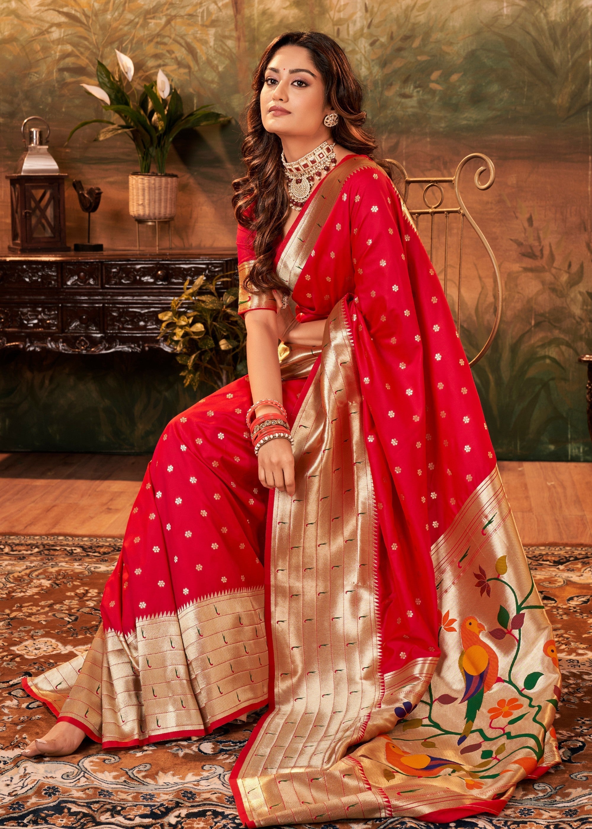 Scarlet Red Paithani Silk Saree With Zari Weaving - qivii