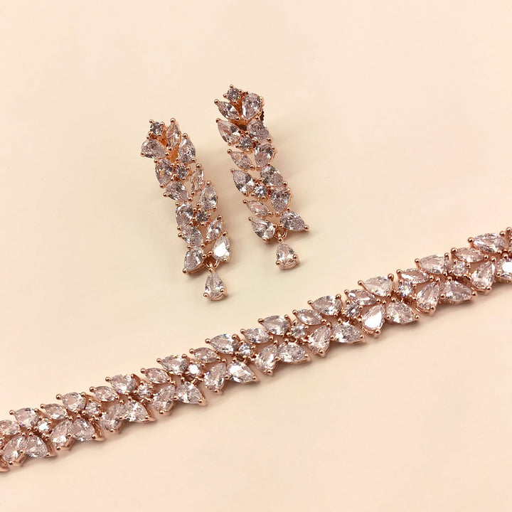 Yaasmin Rose Gold Plated Semiprecious White Stone American Diamond Set