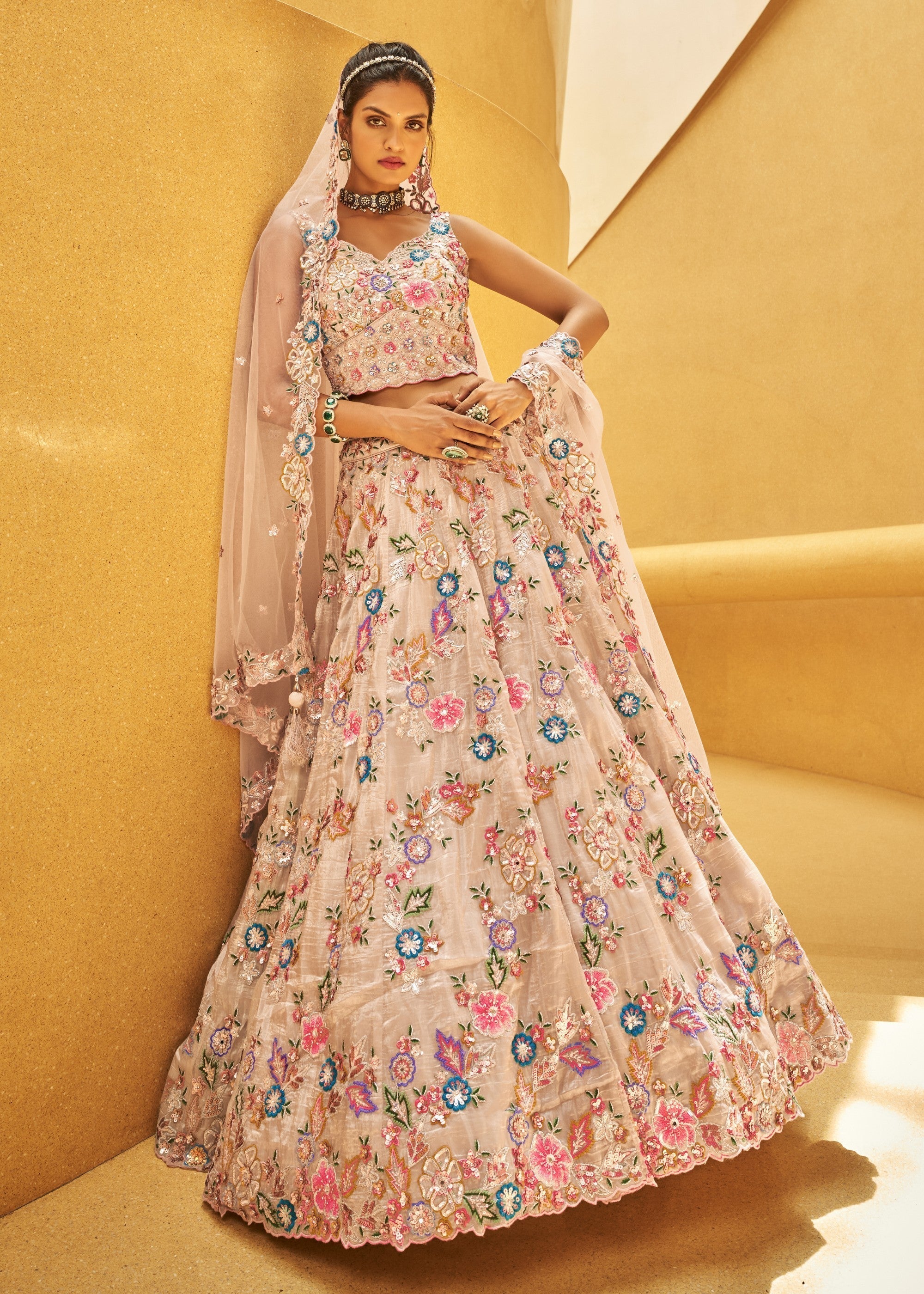 Rose Gold Organza Fabric Sequins Work Lehenga | Ready To Wear - qivii