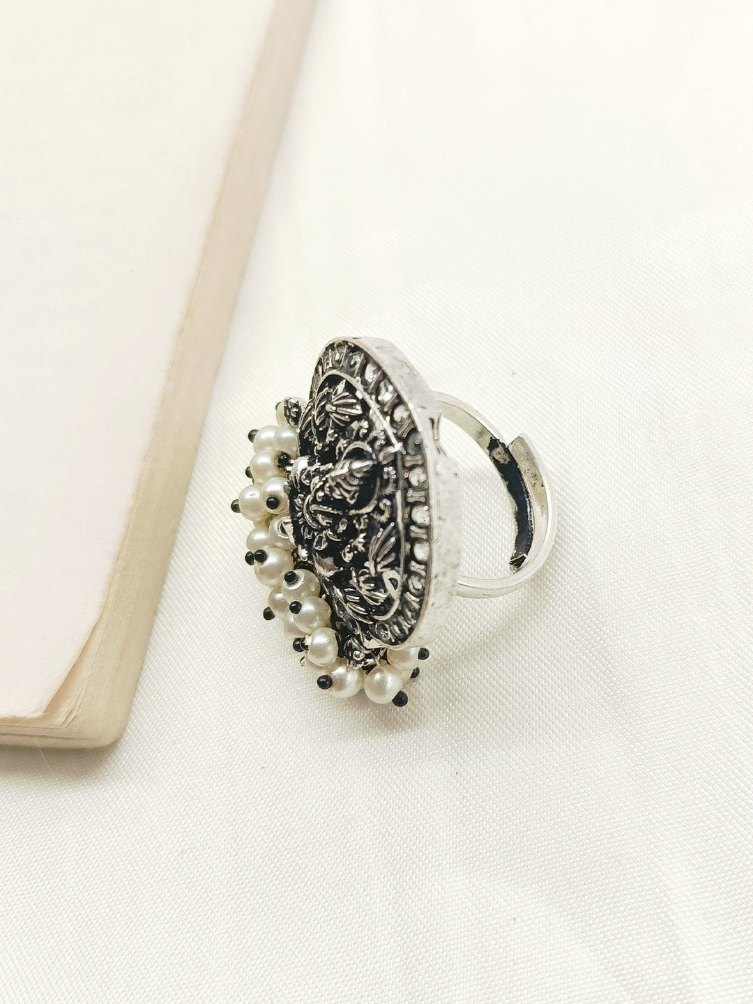 Esha Cream Temple Oxidized Finger Ring