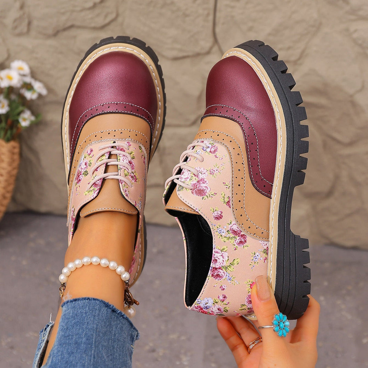 Women's Maribel Floral Brogue Shoes - Color-Block Chunky Platform Lace-Up Oxfords with Lug Sole (US 5-10.5)