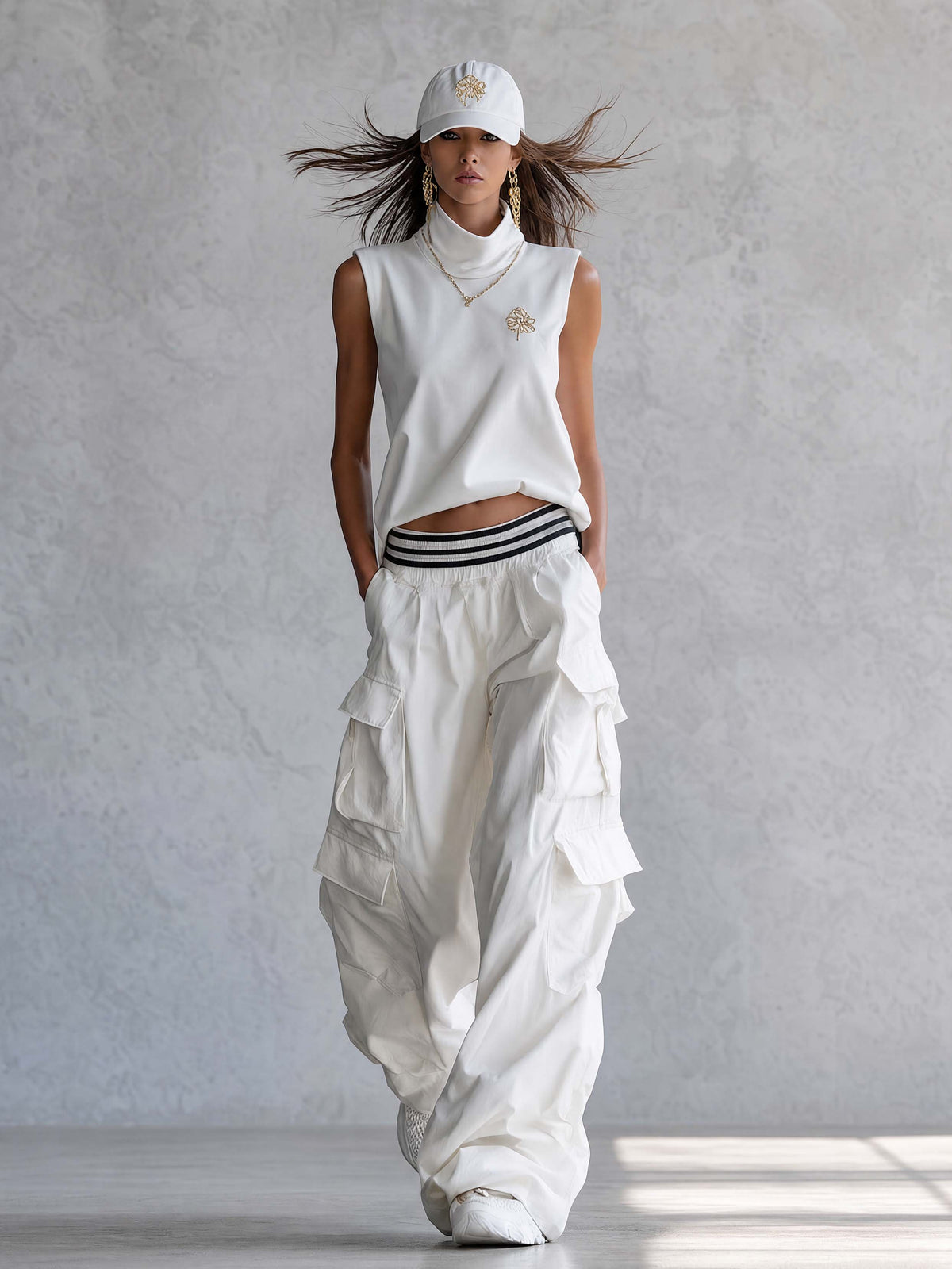 Exquisite Fashion Athletic Workwear Style White Cotton Sleeveless Top With A Mock Neck And  Pants Set  - By Qivii
