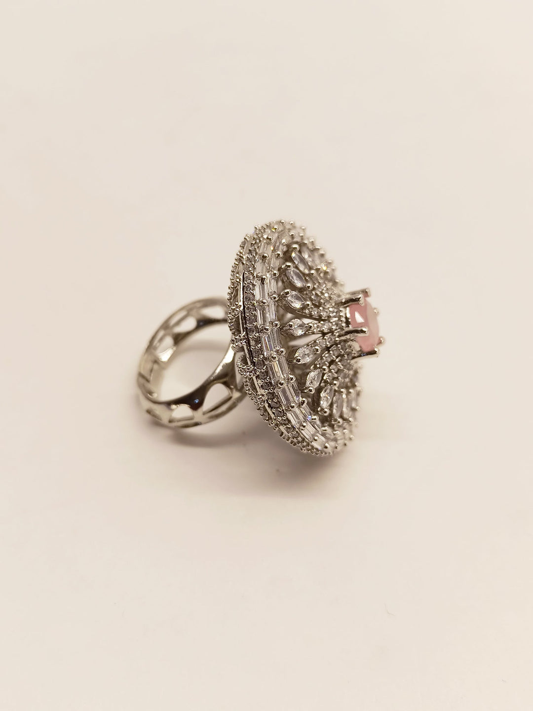 Beautiful Nilambari Round Baby Pink Silver Ring with intricate detailing