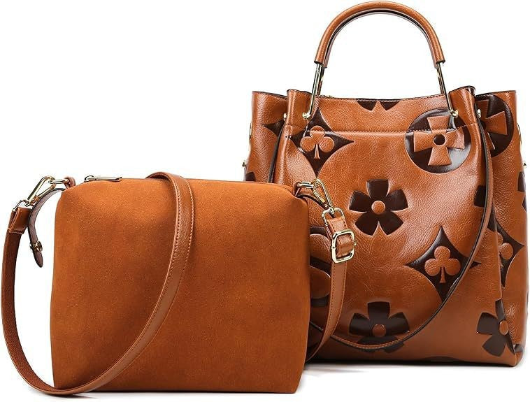 Women's Grain & Grace Bucket Bag - Vintage Embossed Carryall with Detachable Pouch for Women | Textured Leather Mother-Daughter Tote
