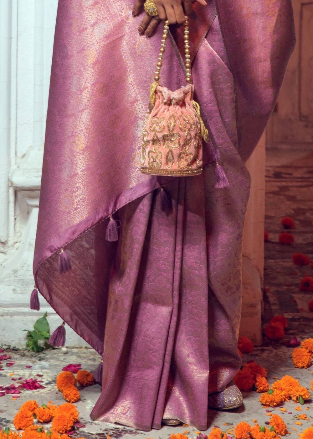 Elegant Fandango Pink Zari Woven Silk Saree with beautiful embroidery and border