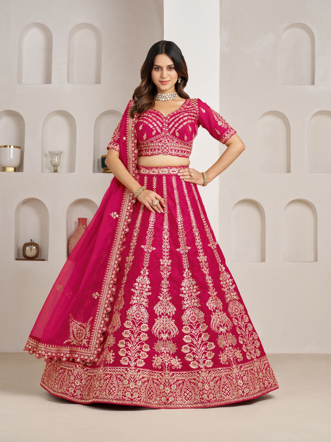 Classic Rani Silk Bridal Lehenga with Floral Zari Embroidery