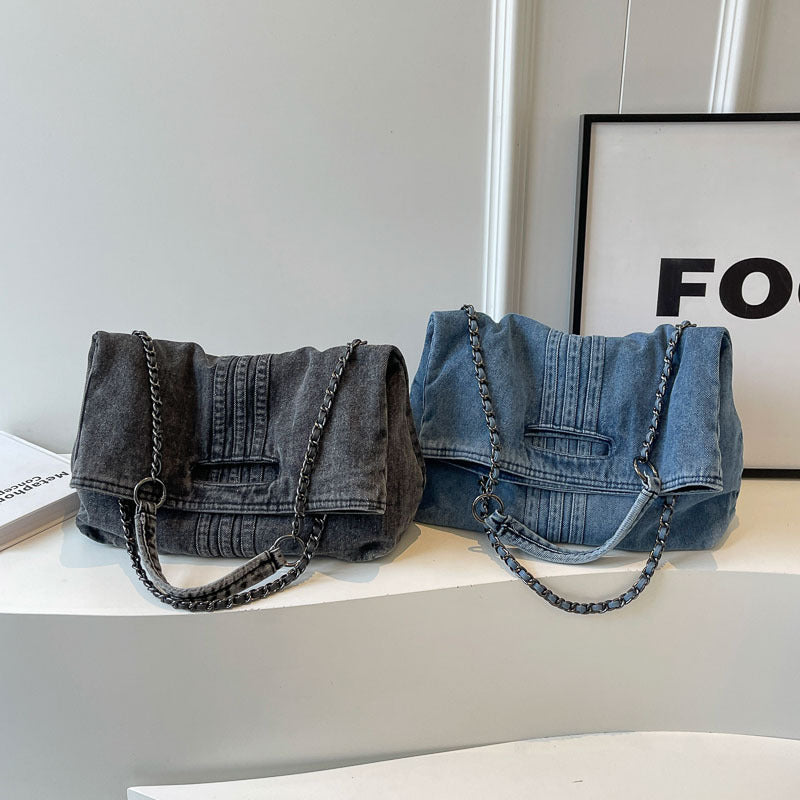 Women's Vintage Denim Tote Bag with Chain Strap – Structured Large-Capacity Crossbody & Shoulder Bag