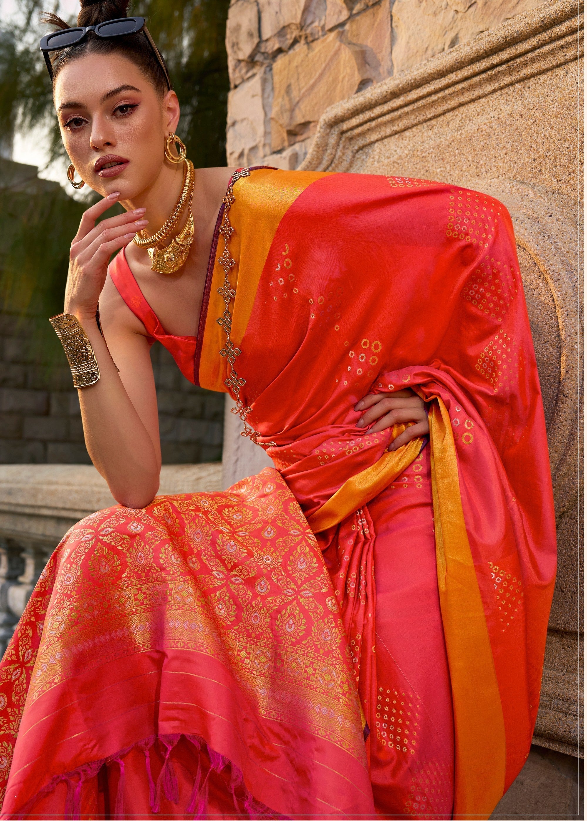 Orange Handloom Weaving Satin Silk Saree - qivii