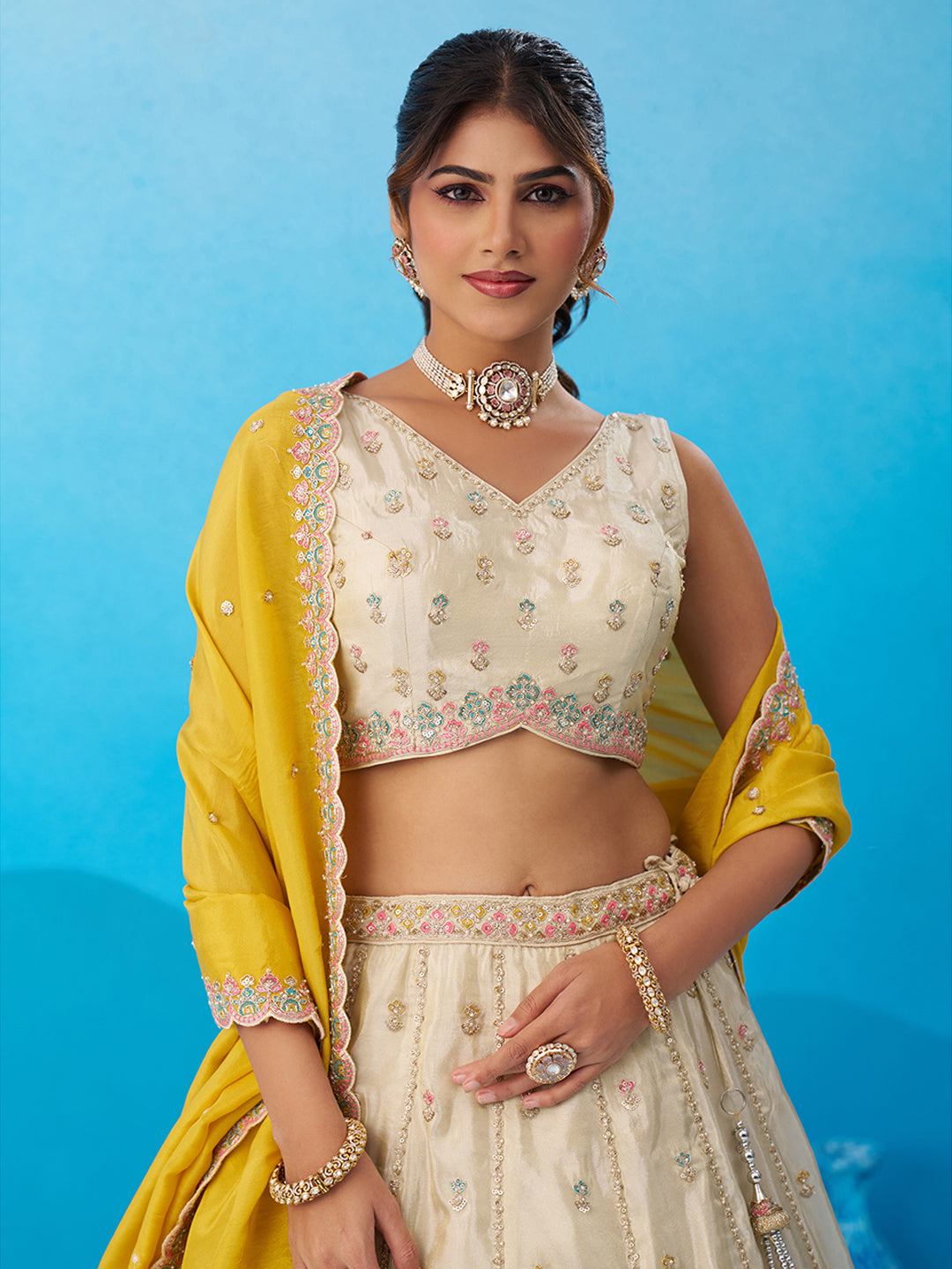 Mustard Tissue Sequins Embroidered Lehenga Set