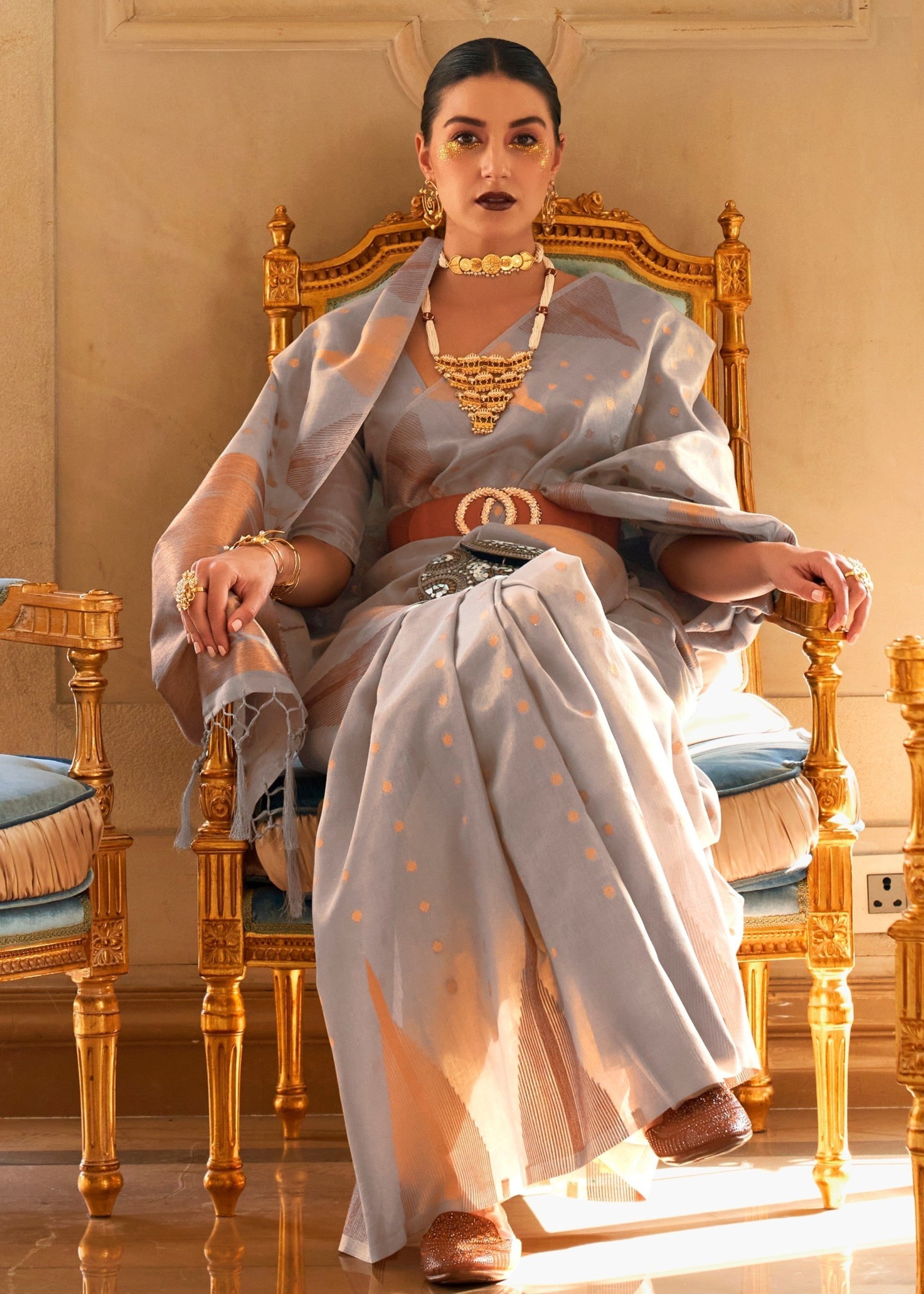 Cloudy Grey Tissue and Khicha Zari Handloom Weaving Silk Saree - qivii