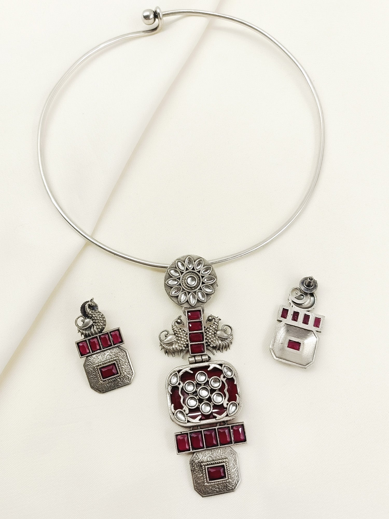 Mena Ruby Oxidized Hasli Style Necklace Set