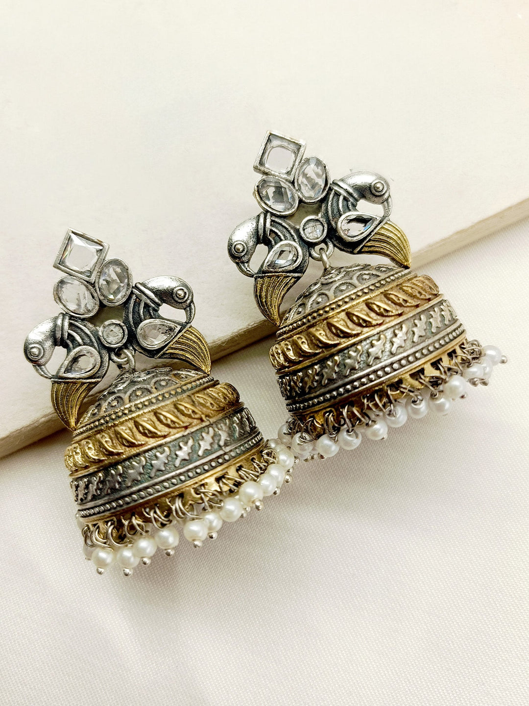 Ahaan White Peacock Oxidized Jhumki