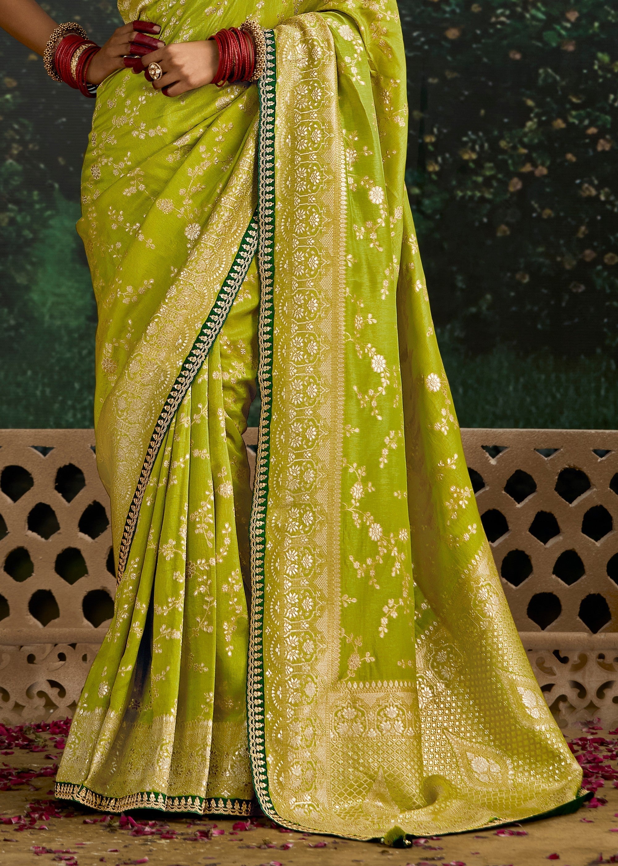 Lime-green and Dark-green Viscose silk Saree with Zari work - qivii