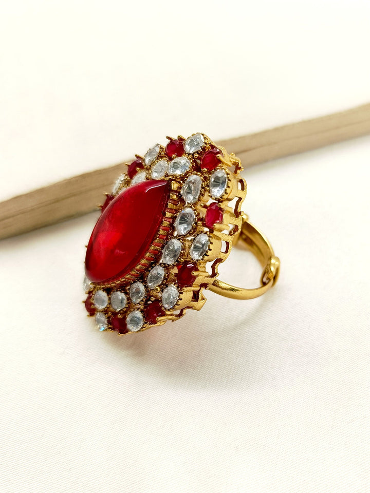  Beautiful Geolina Maroon Kundan Finger Ring with a unique and stylish maroon stone centerpiece