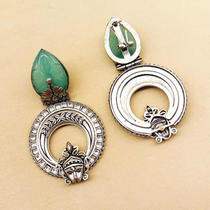 Mayura Mint Green Stone Temple Silver Plated Boutique Earrings