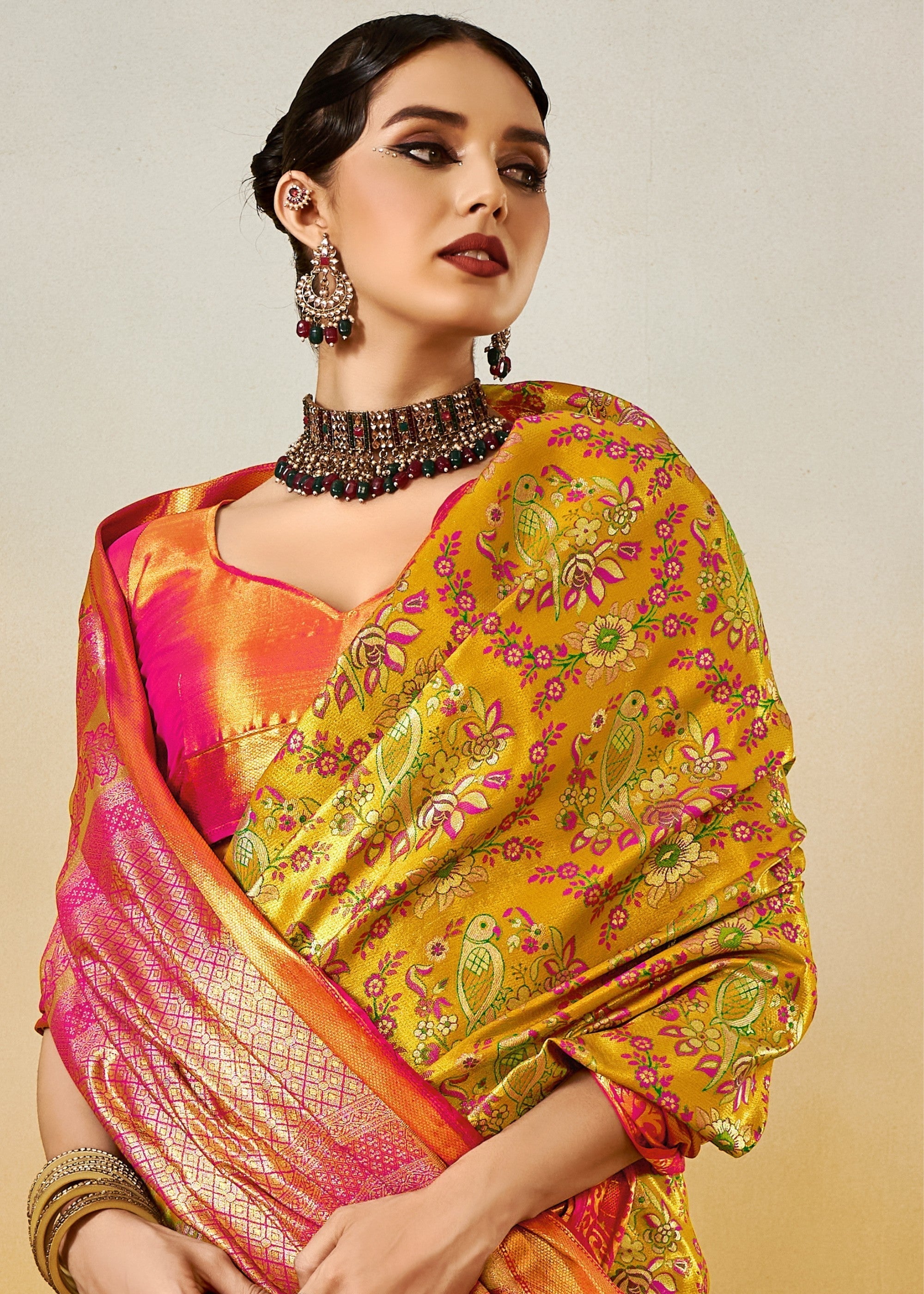 Yellow and Orange Handloom Dharamavaram Silk Saree - qivii
