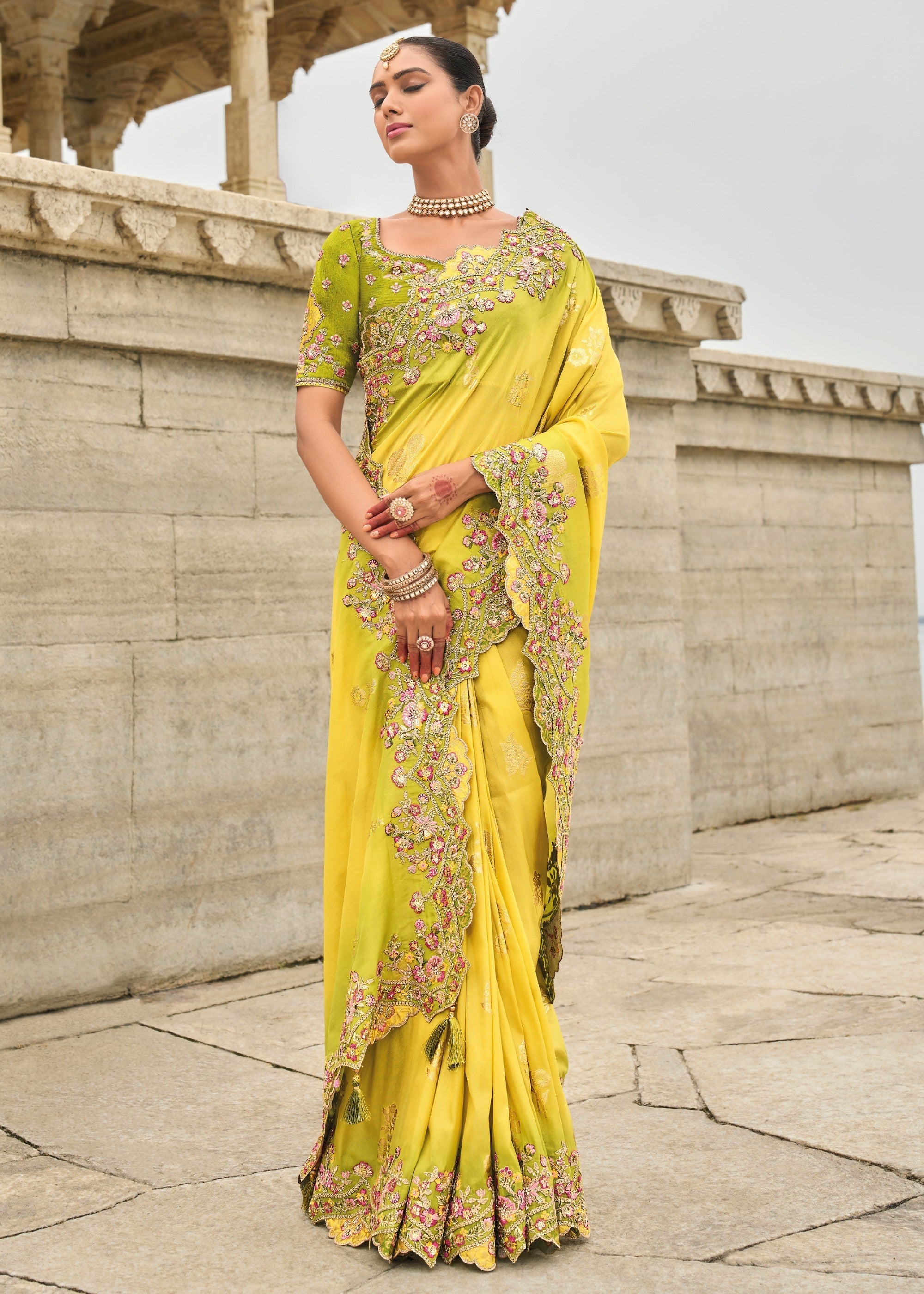 Bright Yellow Viscose Tissue Silk Saree With Embroidery Cut Work Border And Sequence Work - qivii