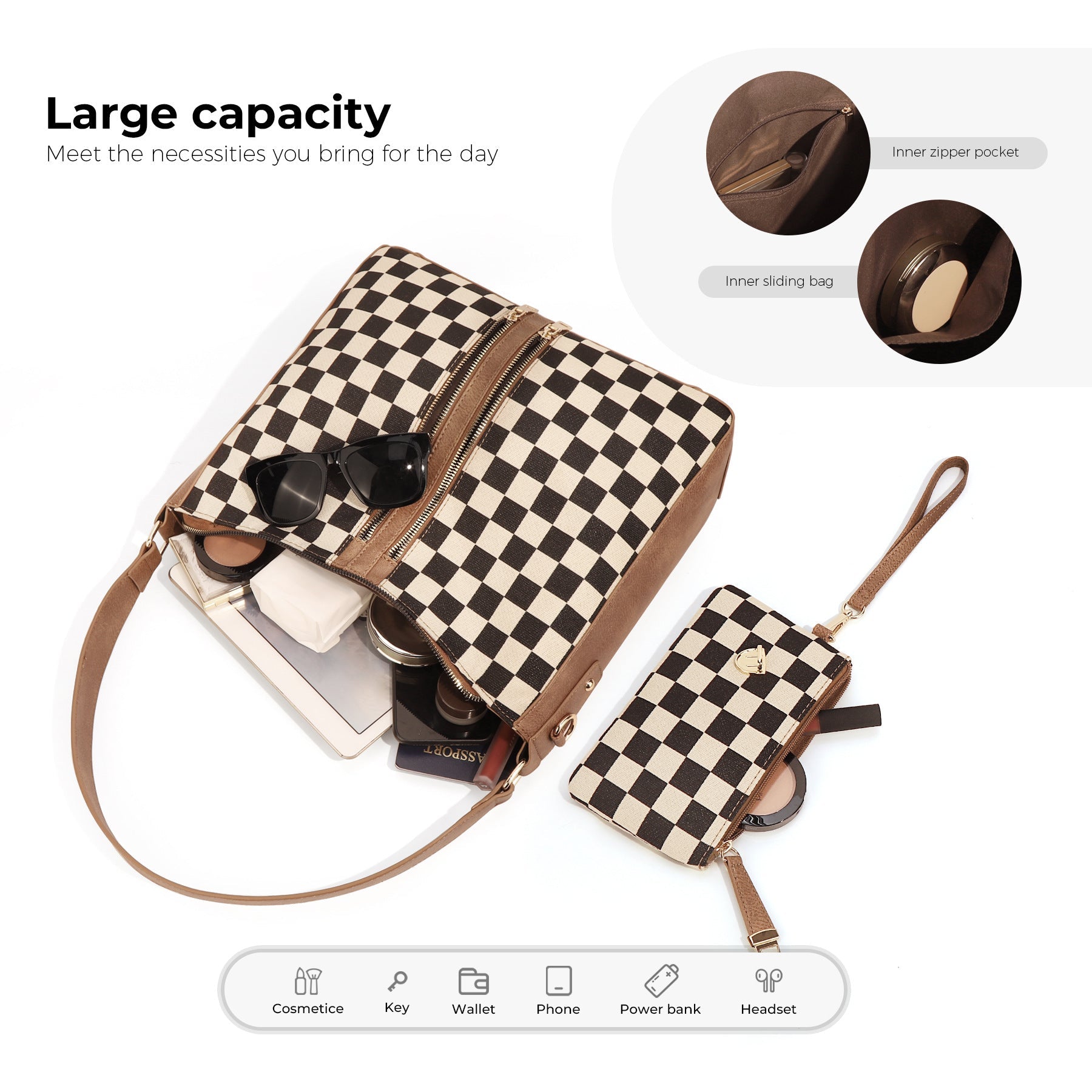 Ounamei Checkered Hobo Tote Bag with a Pouch for Women | PU Leather & Canvas Shoulder & Crossbody Handbag for Daily Use