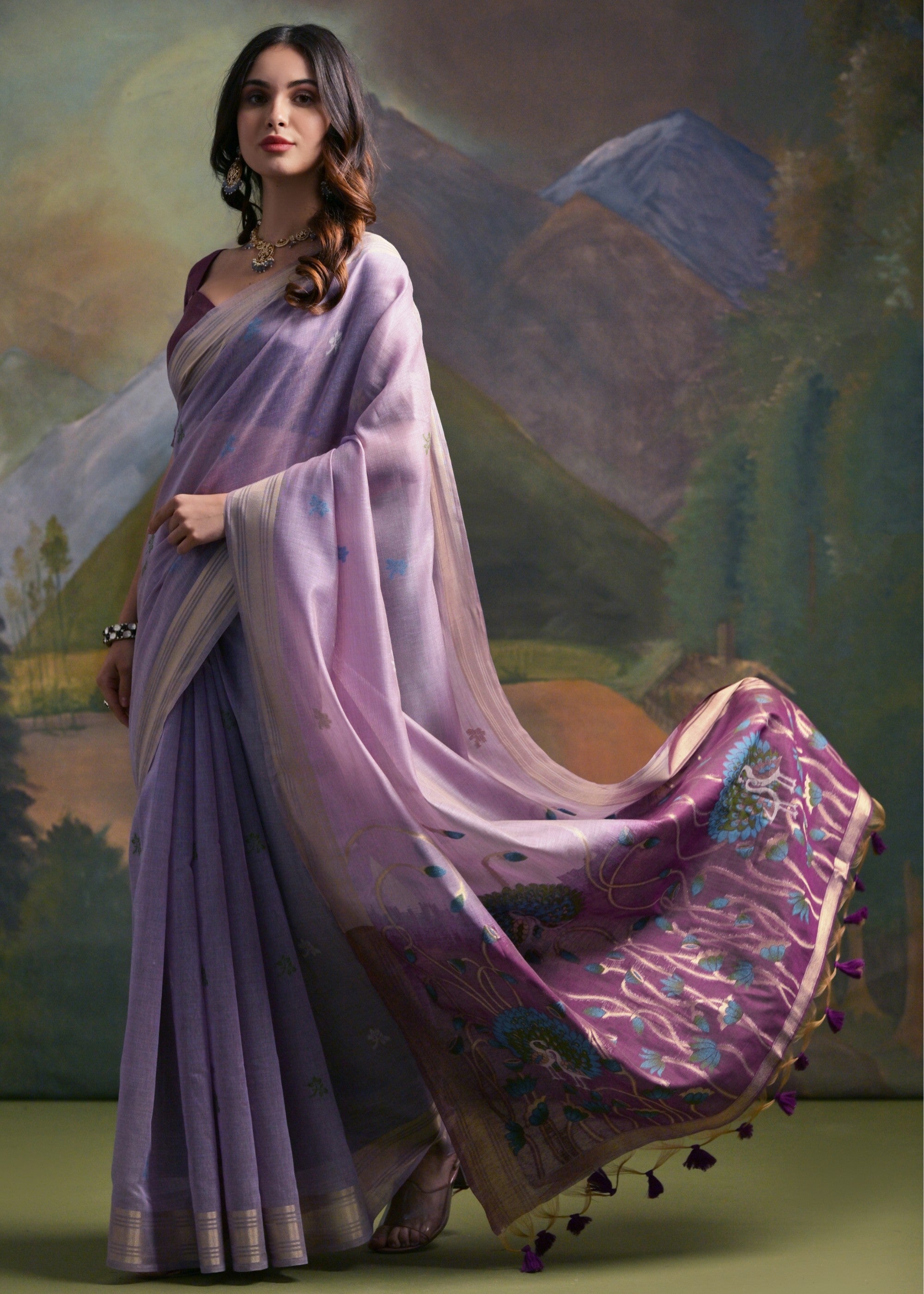 Lavender Purple Thread Woven Cotton Saree With Contrast Blouse And Pallu - qivii