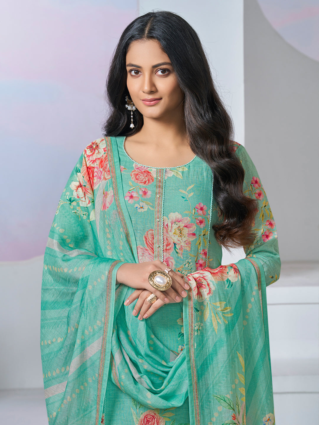 TURQUOISE PRINTED WITH LACE WORK STRAIGHT KURTA WITH DYED TROUSERS AND PRINTED DUPATTA