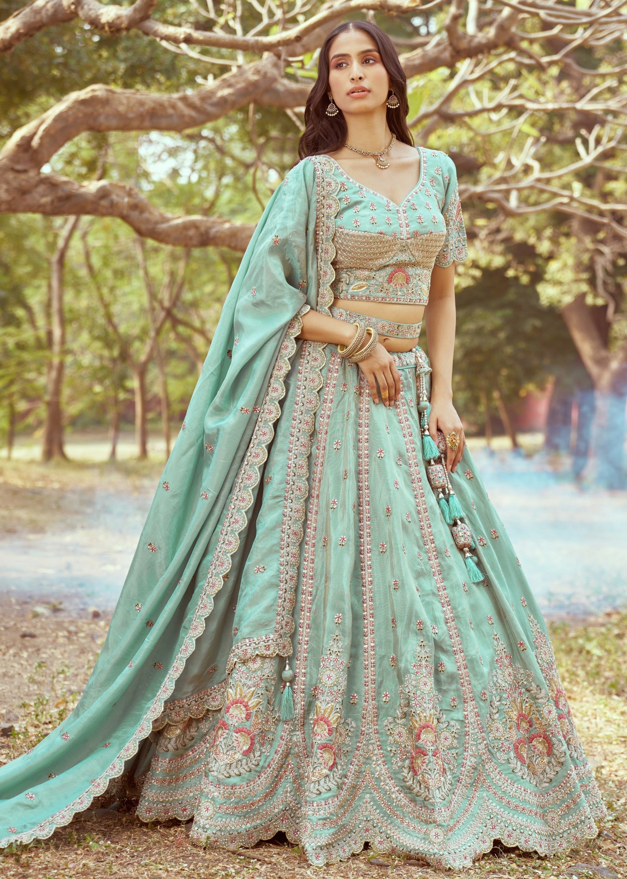 Seagreen Gold crushed Tissue Fabric Moti, Zari work Lehenga | Ready To Wear - qivii