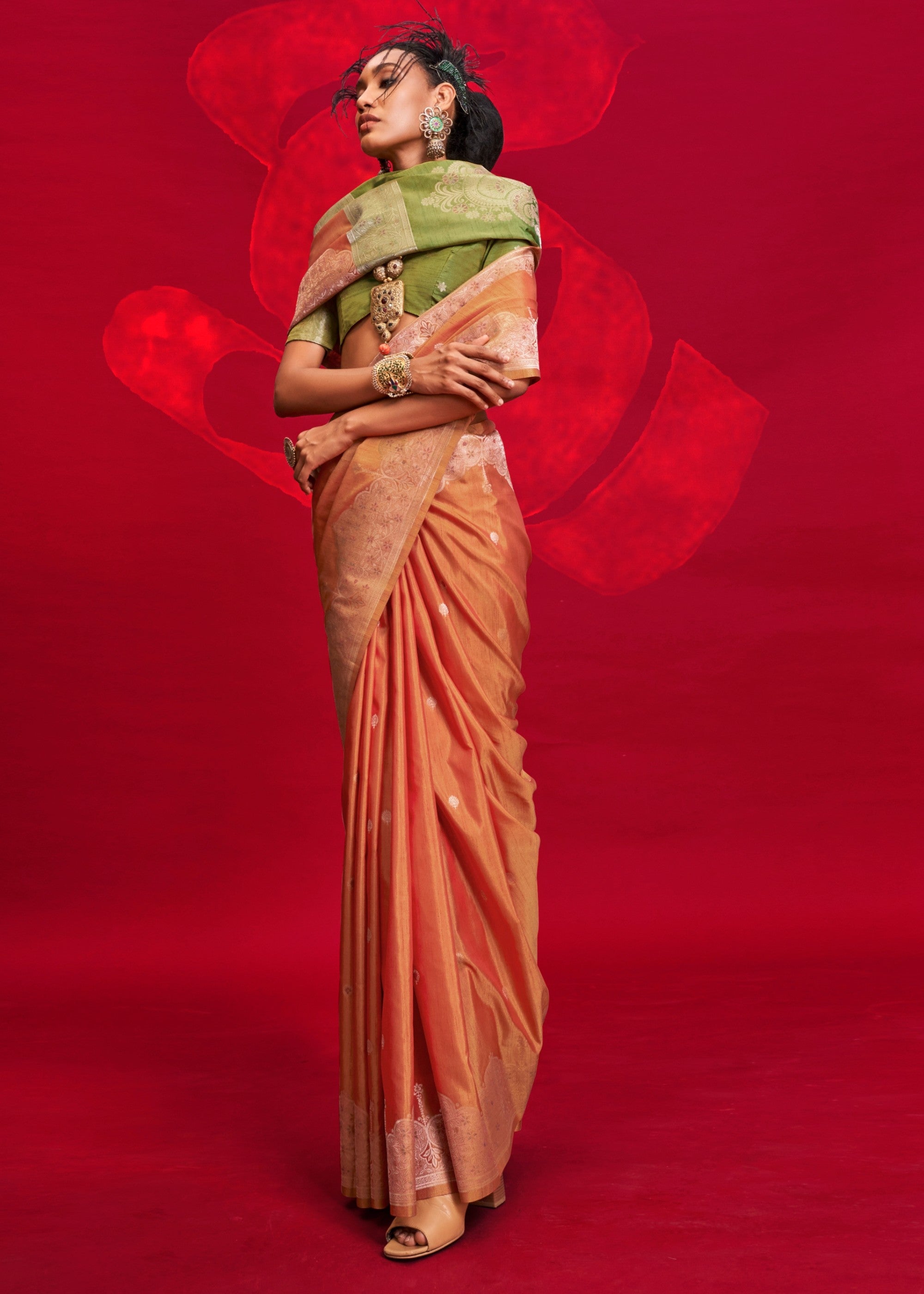 Orange Tussar Silk Handloom Weaving Saree with Contrast Ikkat Pallu - qivii