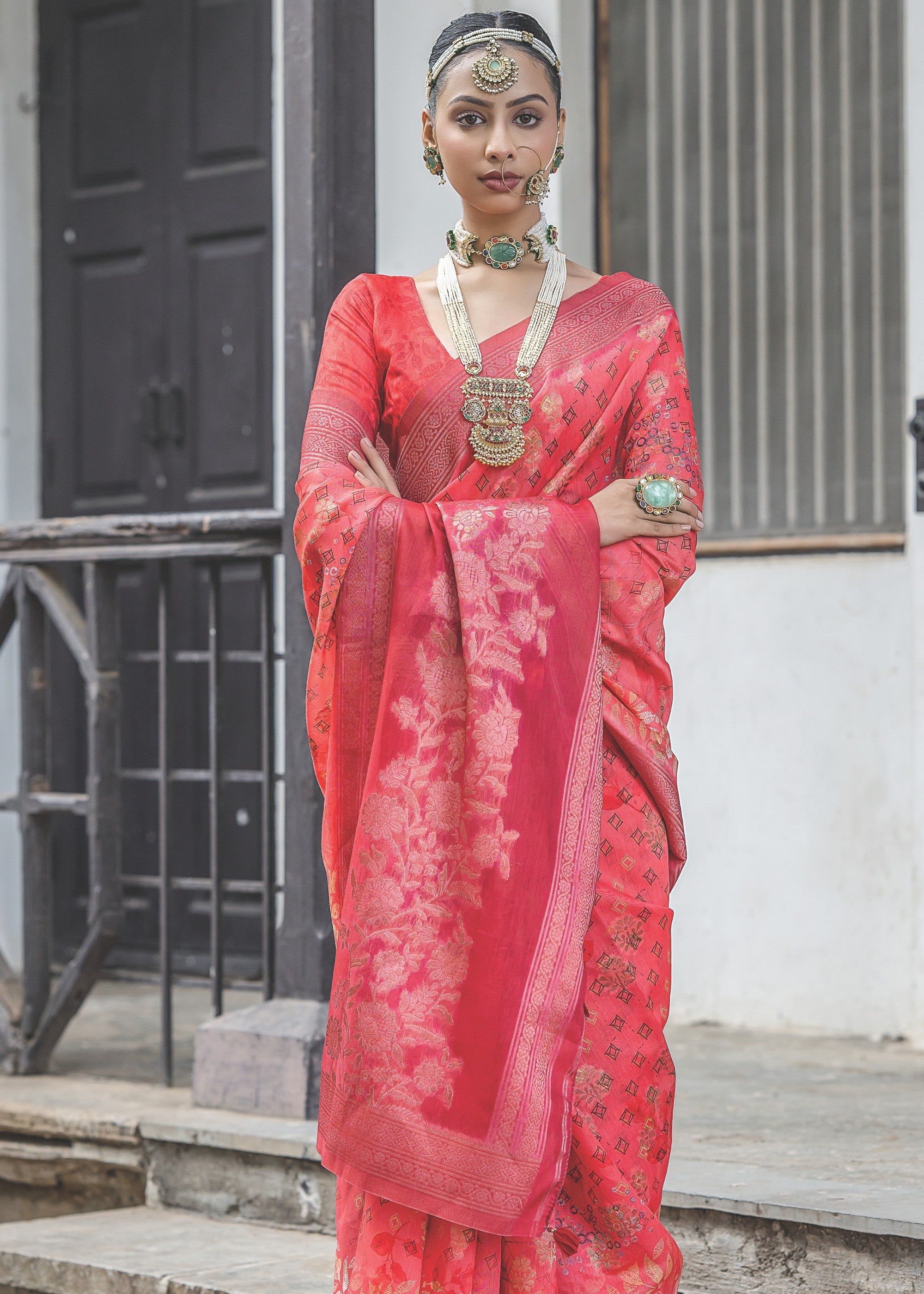Candy Red Woven Silk Saree - qivii