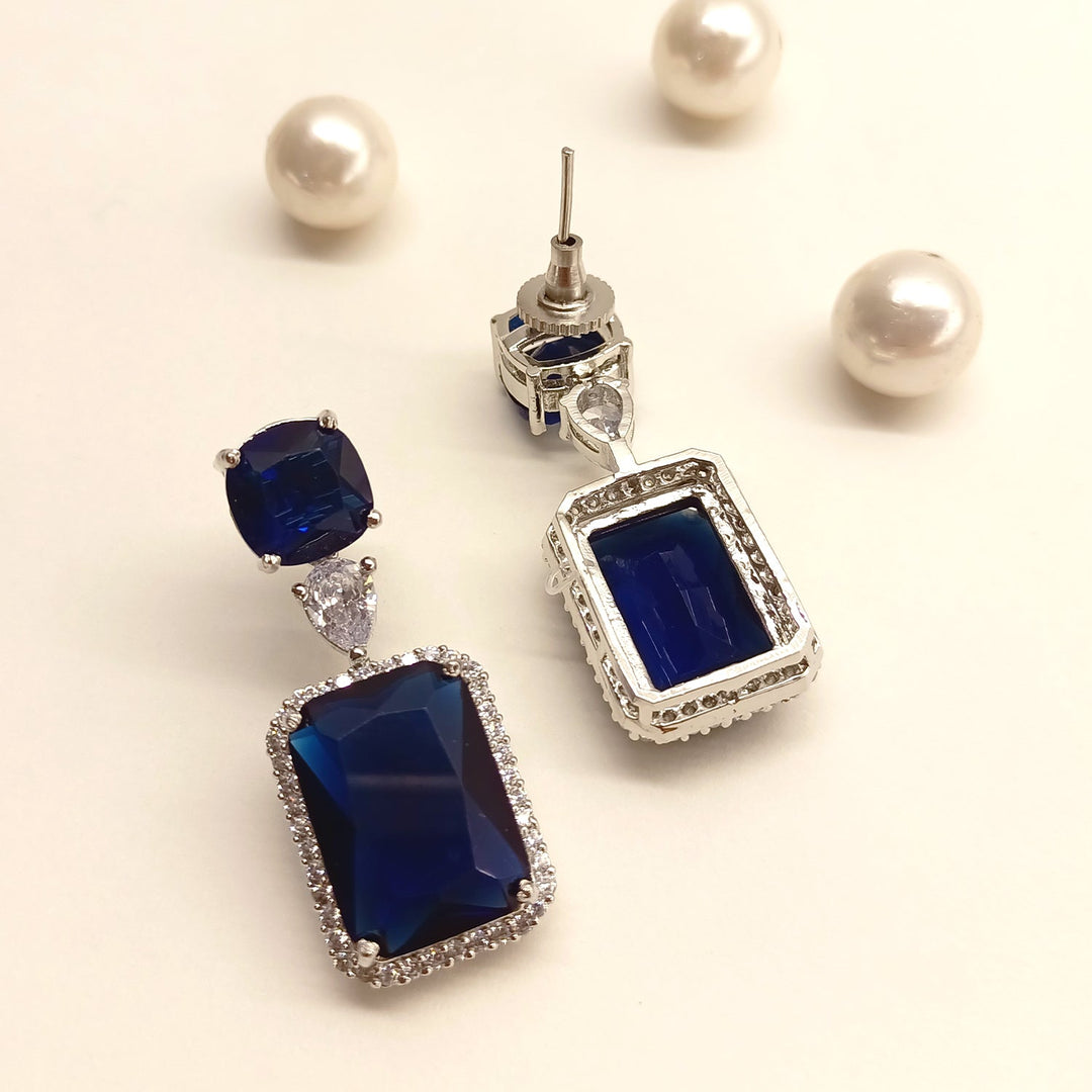 Pavitra Blue Sapphire American Diamond Silver Plated Earrings