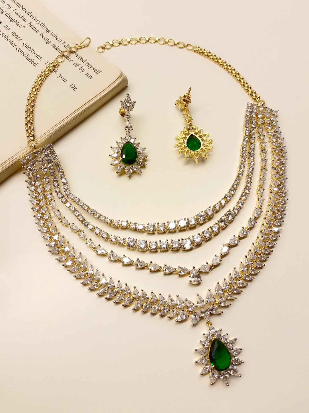 Navdha Green American Diamond Necklace Set