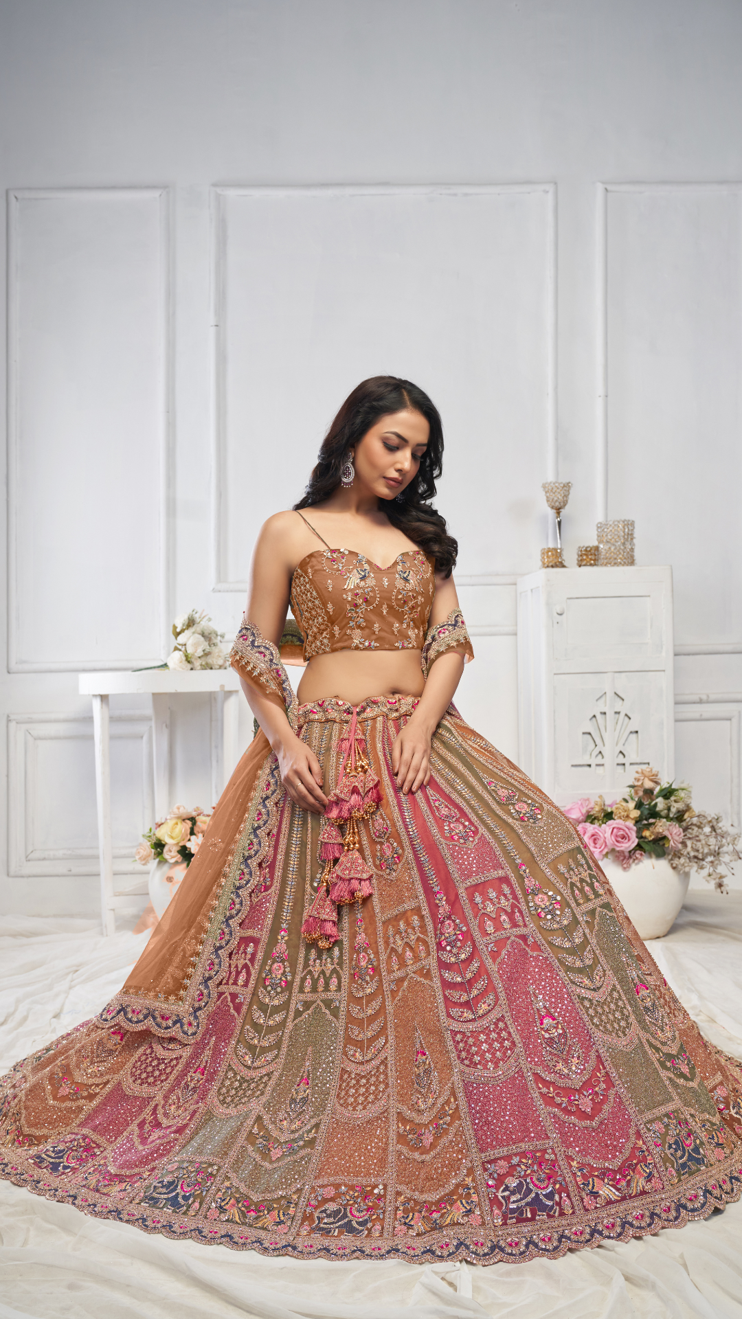 Multi-Brown Majestic Musatrd Zari Weaving Net Lehenga Choli With Dupatta