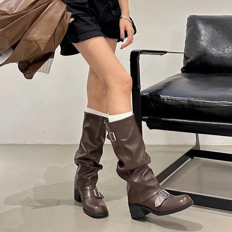 Women's Harper Slouch Boots - Chunky Heel Buckle Knee-High Boots (US 4-10.5)