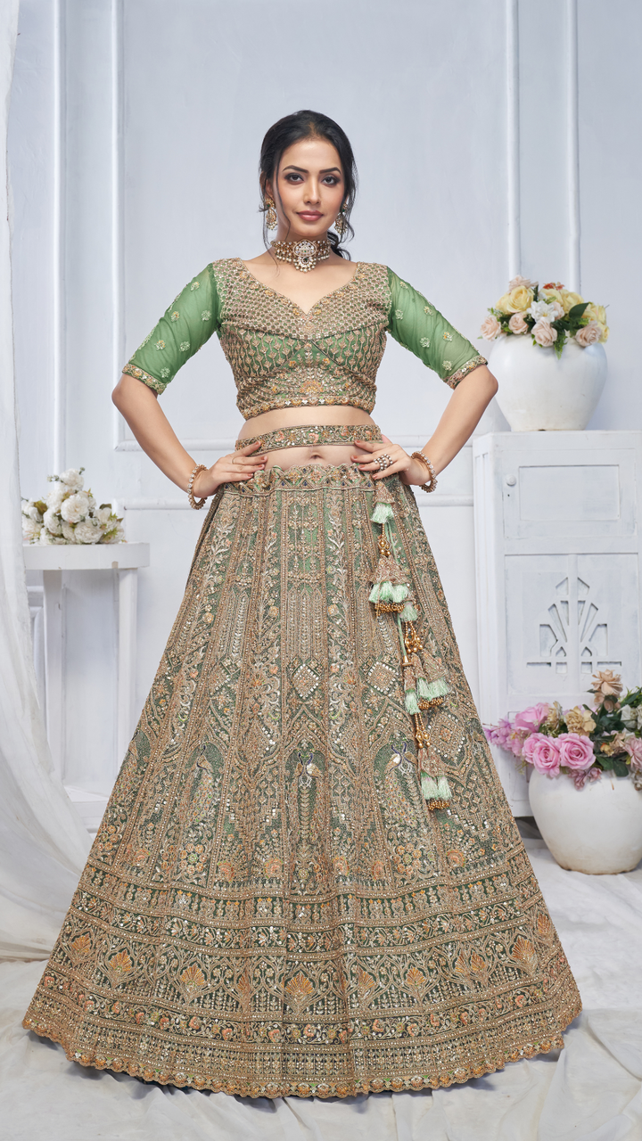 Royal Grandeur bridal  Green Mehendi Lehenga with Paisley and Peacock Motifs & Heavy Embroidery