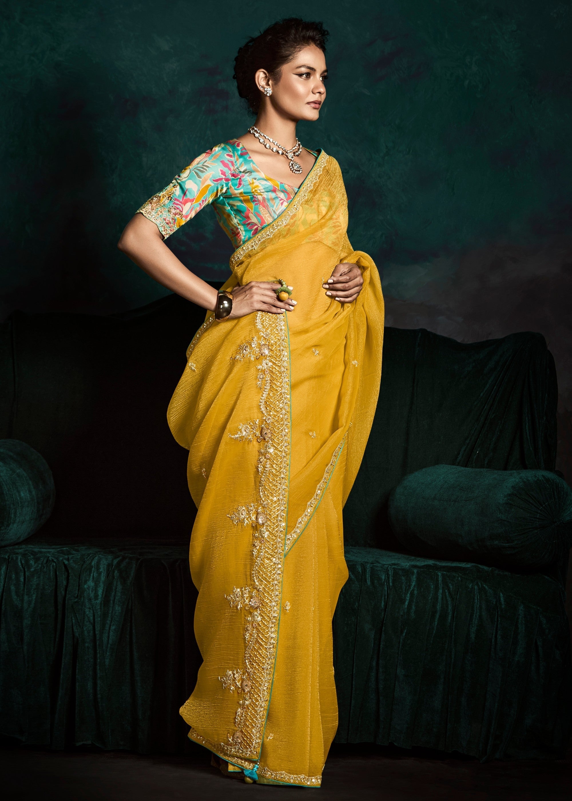 Sunflower Yellow Fancy Fabric Silk Saree With Sequins And Thread Embroidered Butti Work - qivii