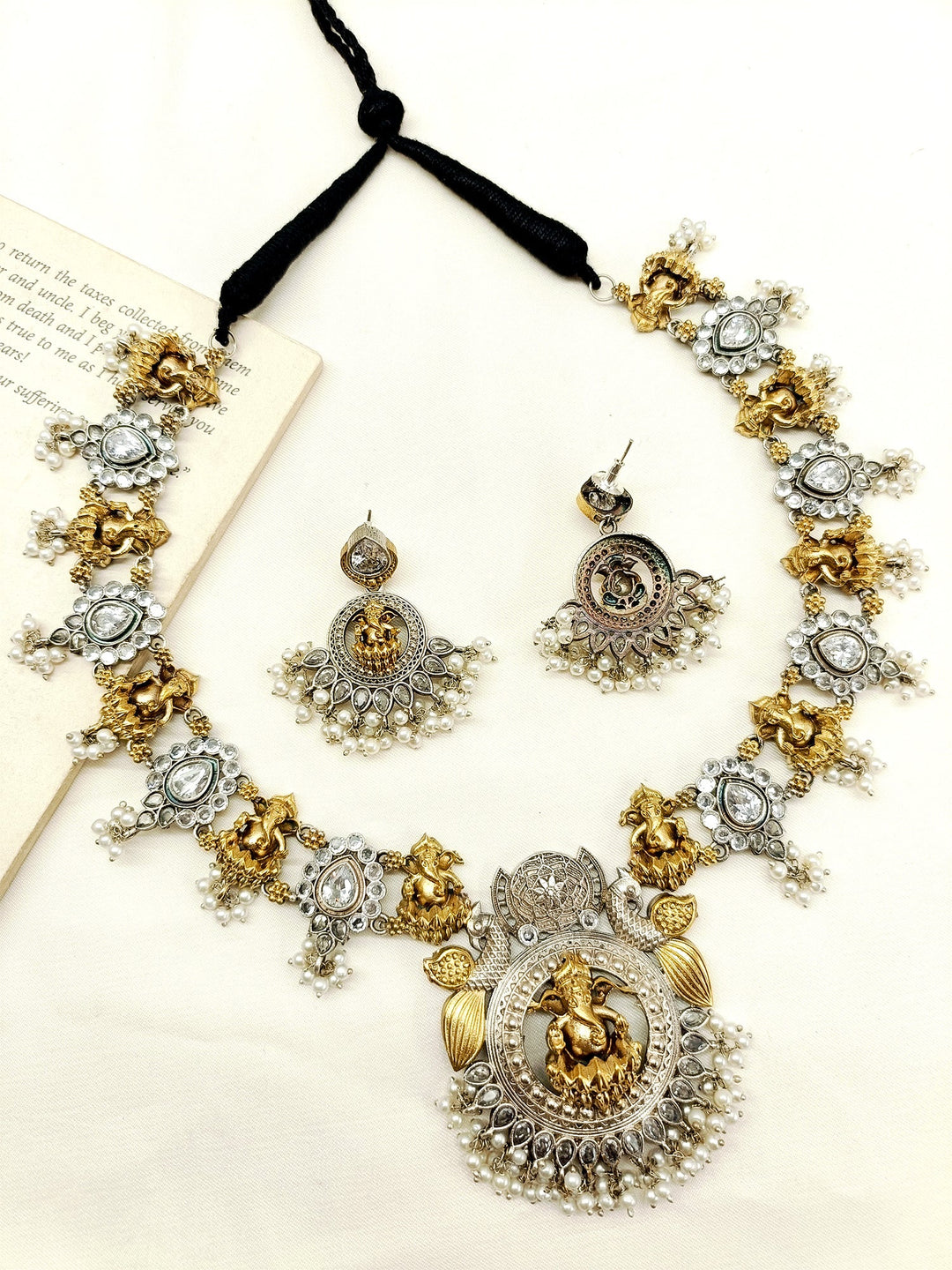 Kashini White Ganesh Ji Oxidized Necklace Set