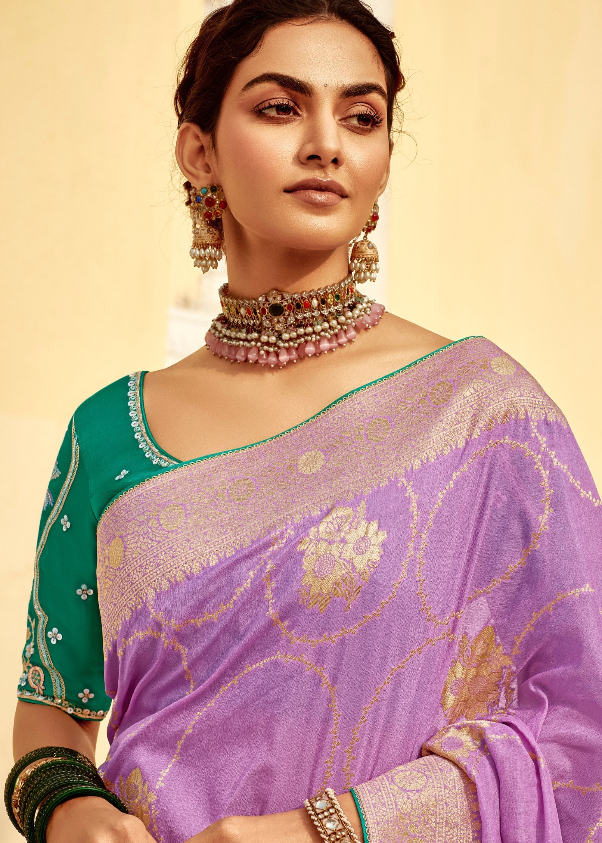 Lavender Purple Dola Silk Saree Embellished With Weaving Work And Heavy Embroidered Blouse - qivii