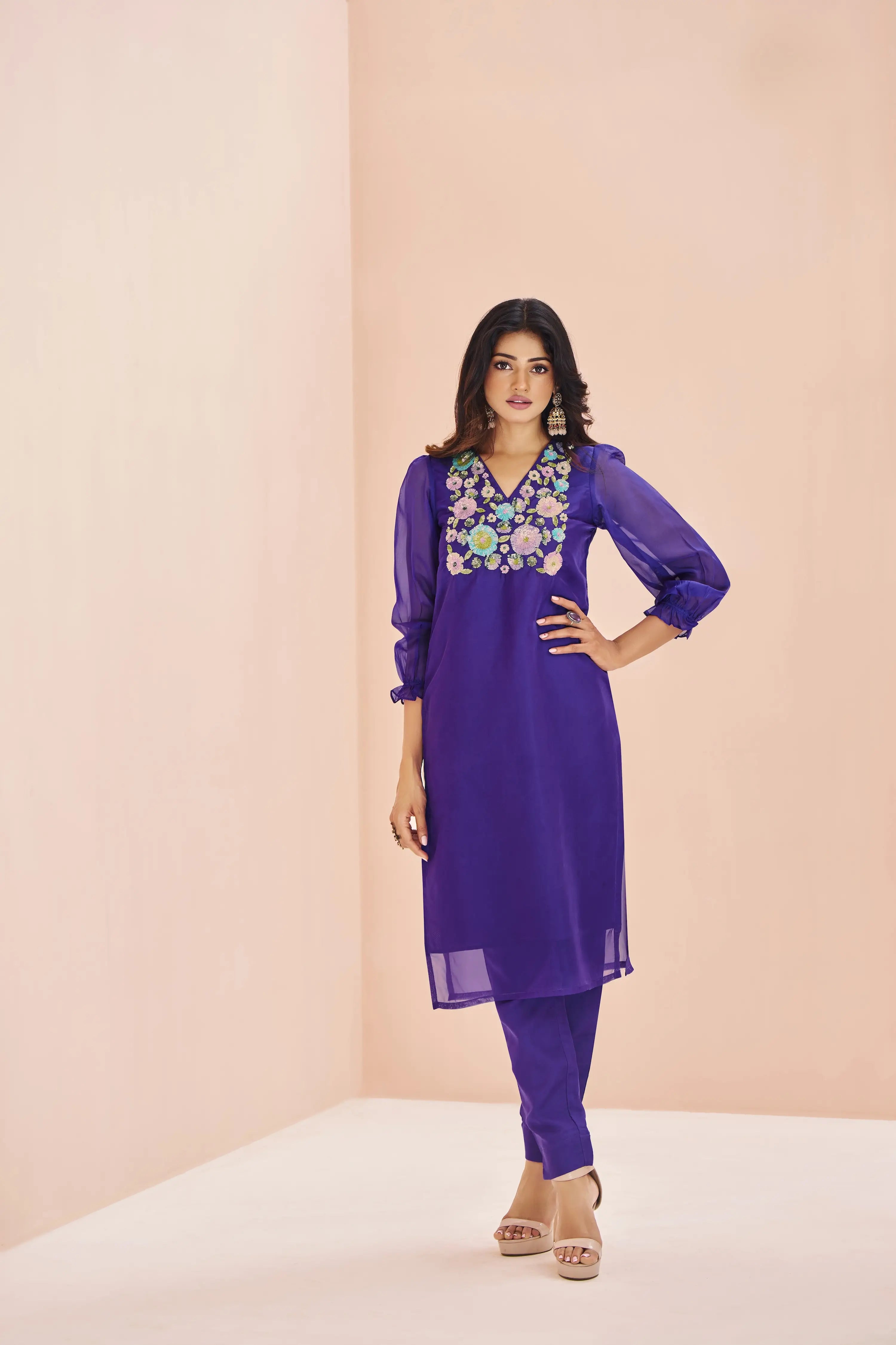 Purple Organza Salwar Suit With Handwork - qivii