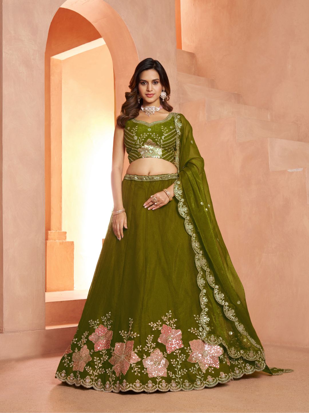 Elegant Floral Green Embroidered Tissue Lehenga Choli Set