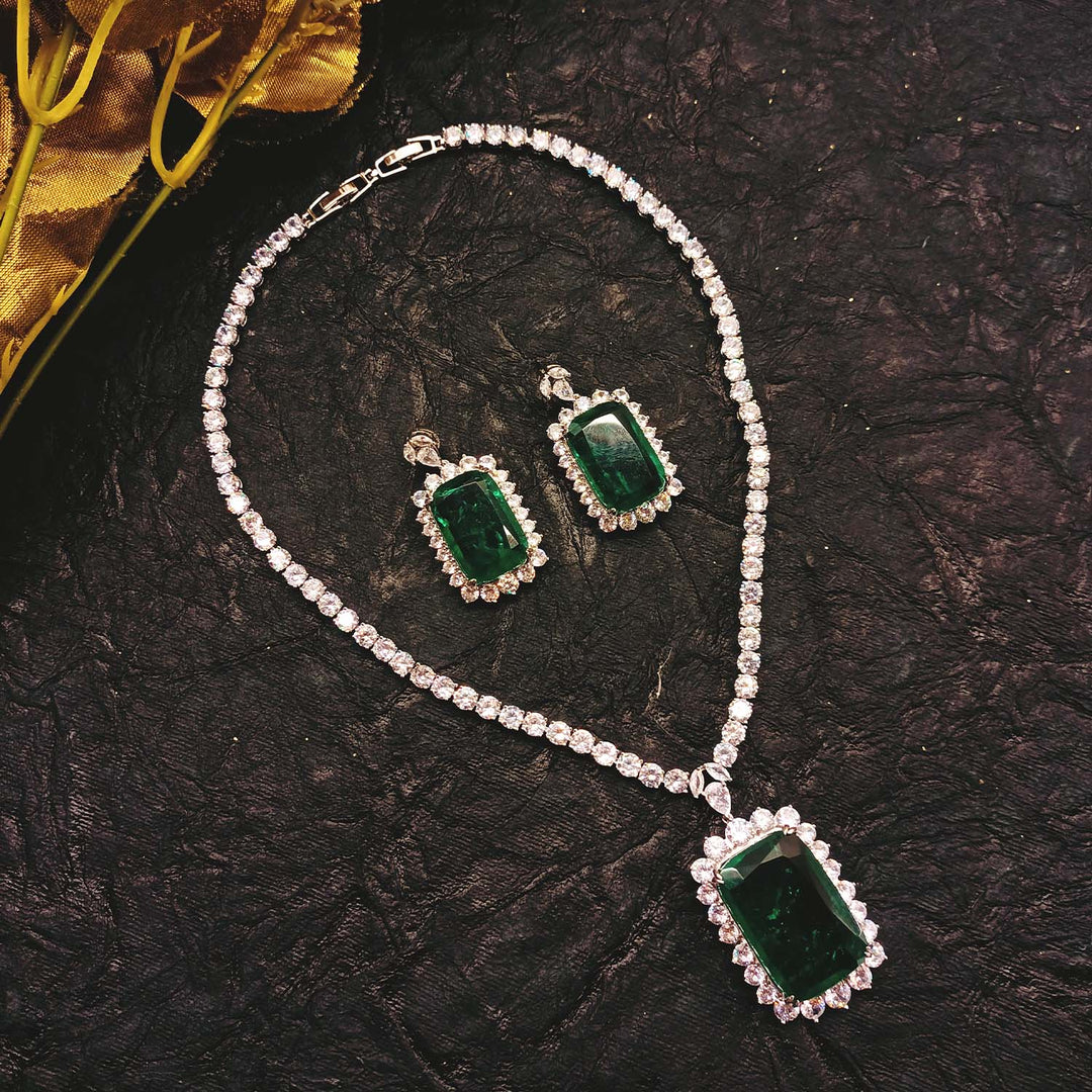 Natasha Emerald American Diamond Pendant Set With Diamond String